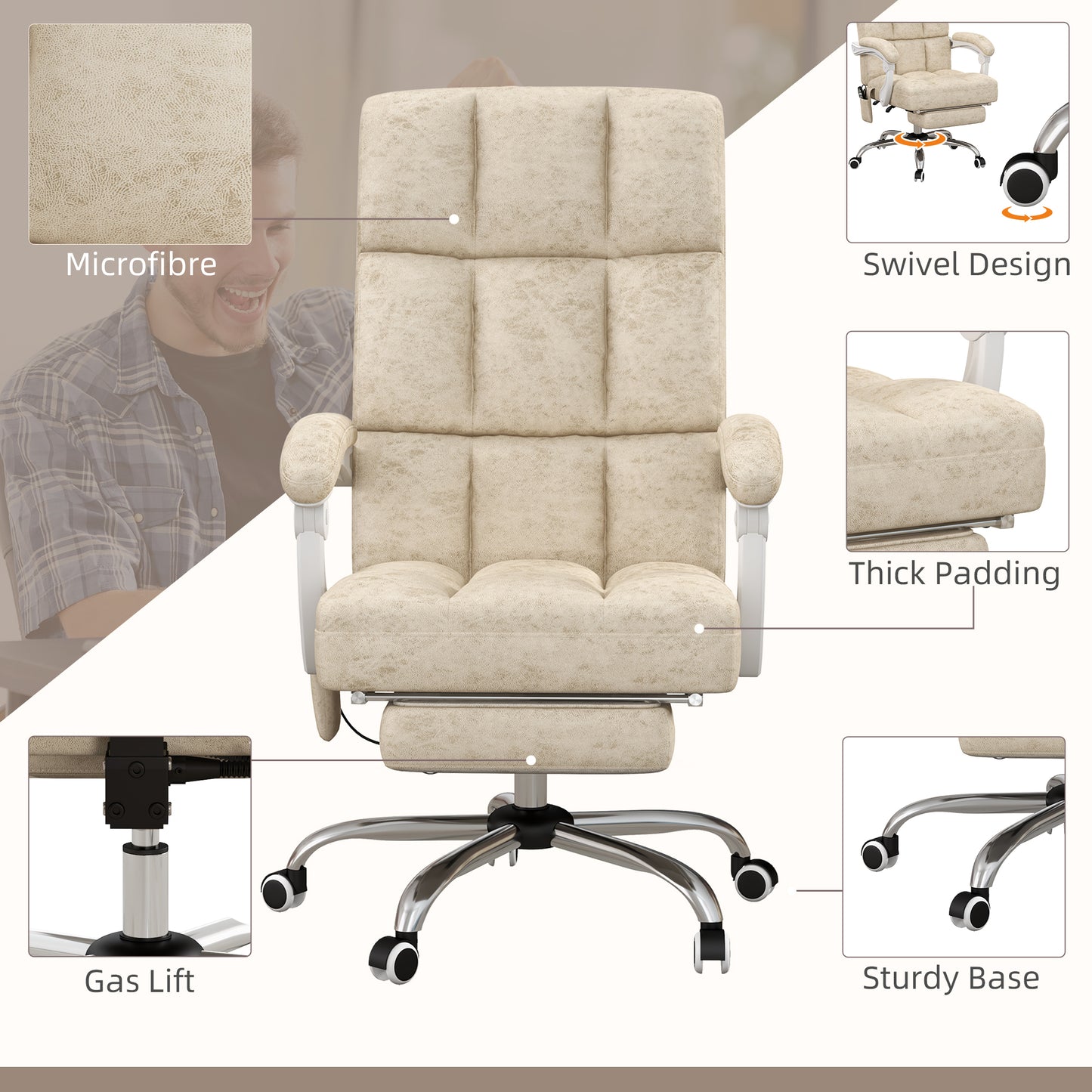 Vinsetto Massage Office Chair, Ergonomic Desk Chair, Comfy Work Study Chair with Heat, Padded Seat, 135Â° Reclining Back and Footrest for Home Office, Beige
