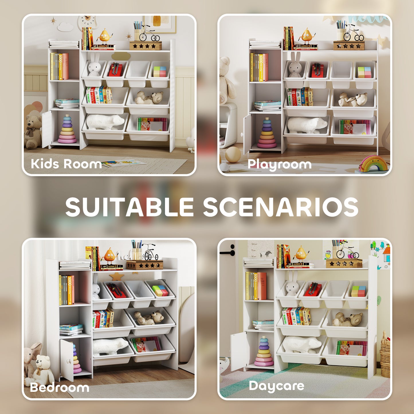 AIYAPLAY Toy Storage Unit with 8 Removable Bins, Storage Shelves, Cabinet, White