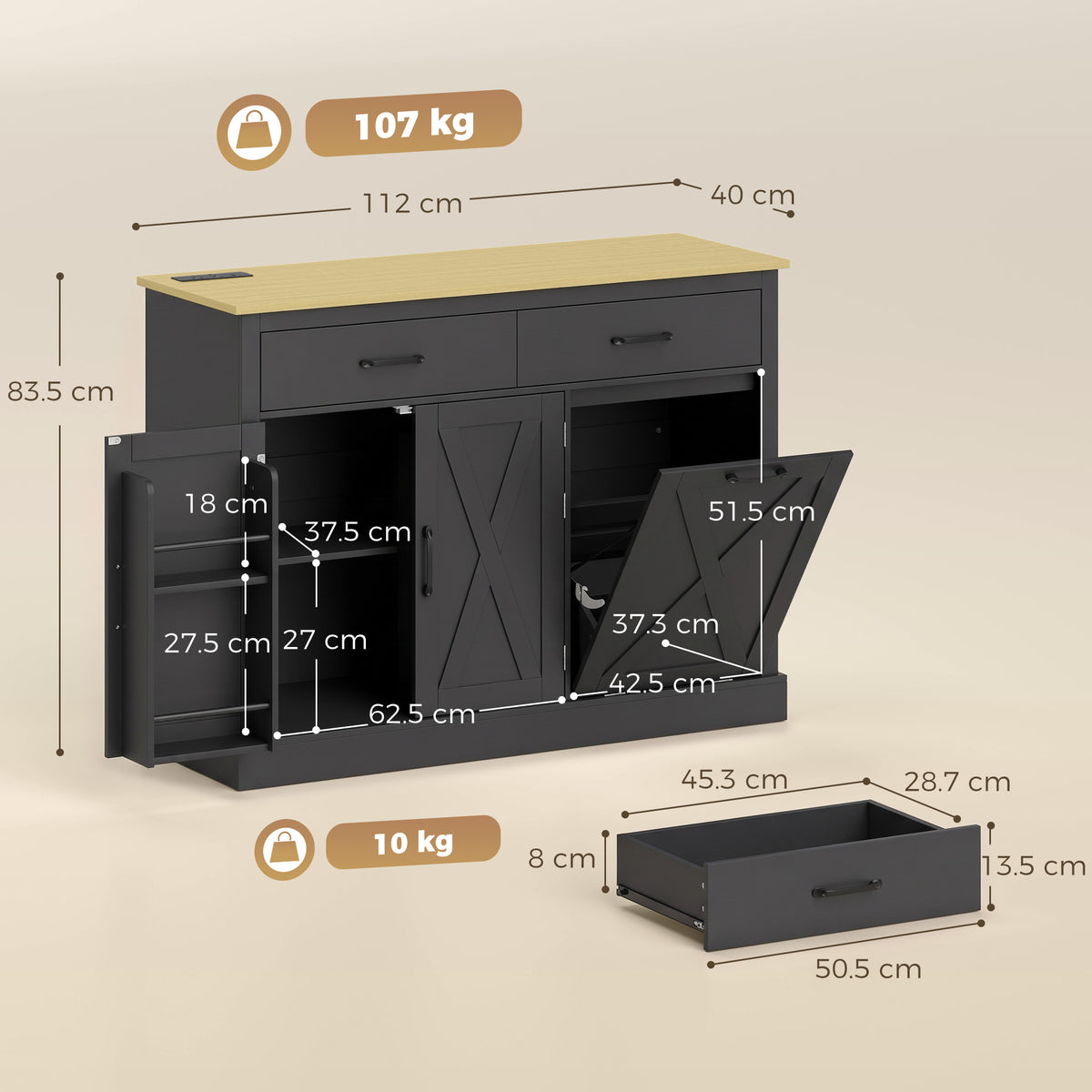HOMCOM Tilt Out Trash Cabinet with Charging Station, Kitchen Island with Storage, 57 Liter Hidden Rubbish Bin Storage, Black