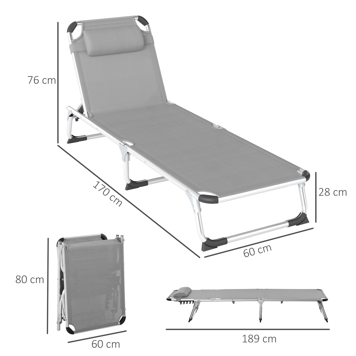 Outsunny Foldable Outdoor Sun Lounger Set of 2, Reclining Lounge Chair Camping Bed Cot with Pillow 4-Level Adjustable Back Aluminium Frame, Light Grey