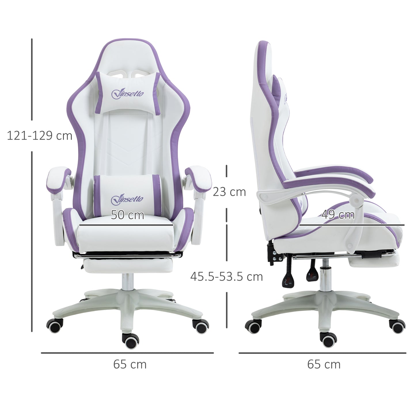 Vinsetto Computer Gaming Chair, PU Leather Office Desk Chair with Footrest, Swivel Wheels, 135Â° Reclining Back, Lumbar Support, Headrest for Home, White and Purple