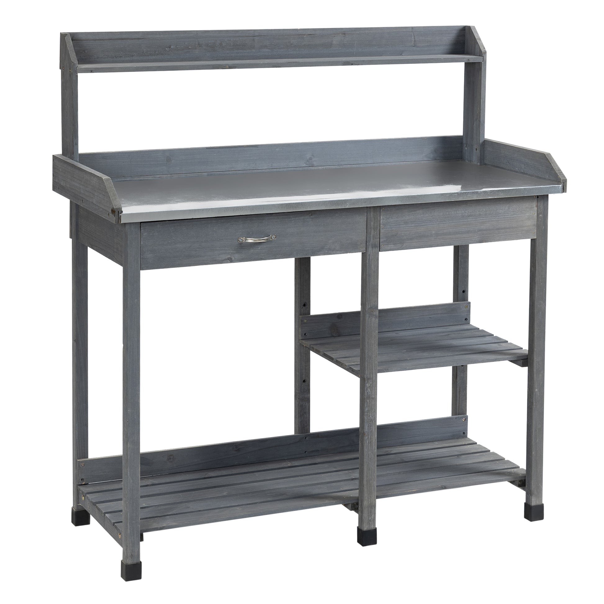 Outsunny Garden Potting Table with Storage, Workbench, Metal Top, Storage Shelves & Hooks for Patio, Courtyard, Wooden Default Title