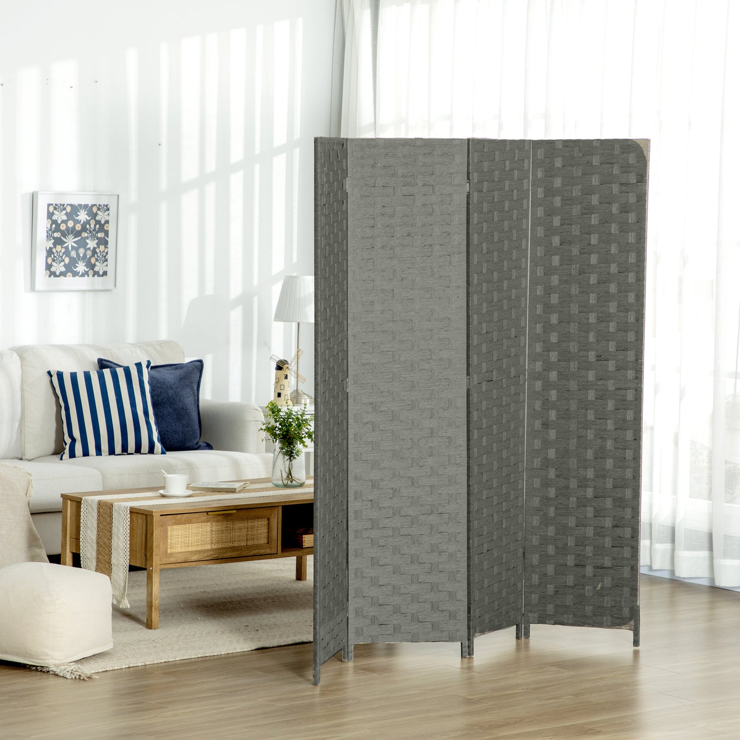 HOMCOM 4-Panel Room Dividers, Wave Fibre Freestanding Folding Privacy Screen Panels, Partition Wall Divider for Indoor Bedroom Office, 170Â cm, Grey