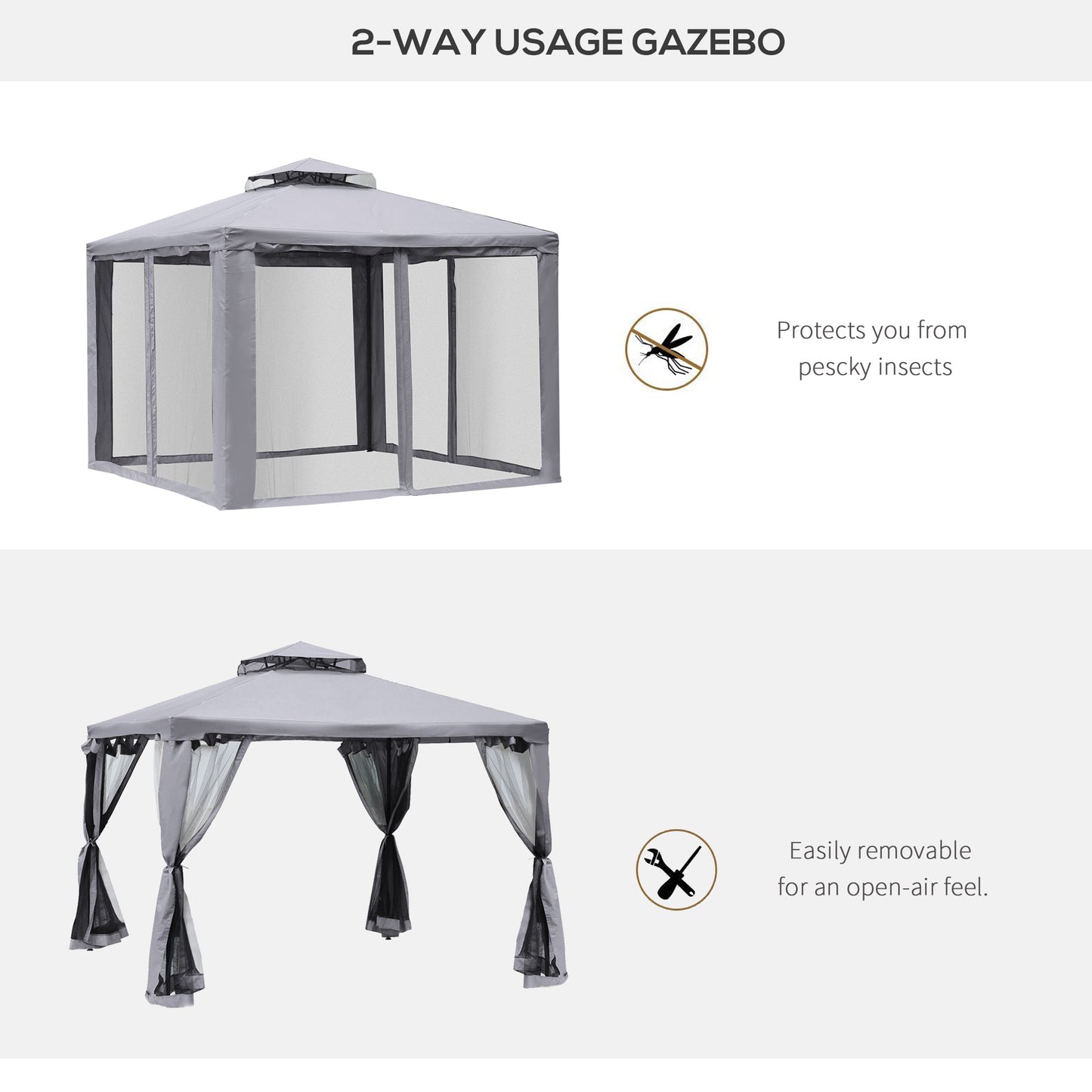 Outsunny 3 x 3 m Metal Gazebo, Garden Pavillion, DoubleÂ Roof Outdoor Canopy Shelter with Mesh Sidewalls, Grey
