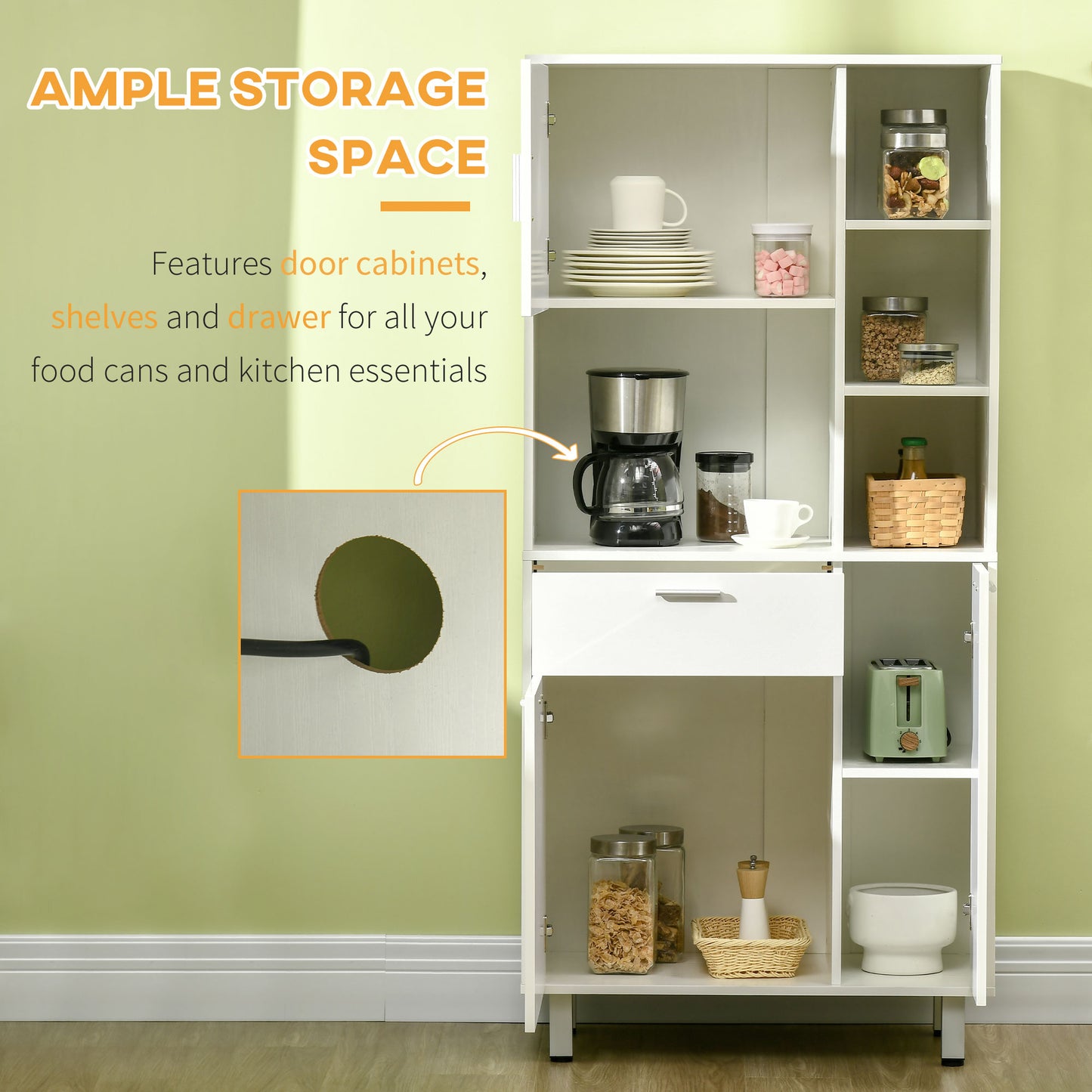 HOMCOM Kitchen Cupboard, Modern Kitchen Storage Cabinet with Shelves and Drawer, Free Standing Kitchen Units, 166Â cm, White