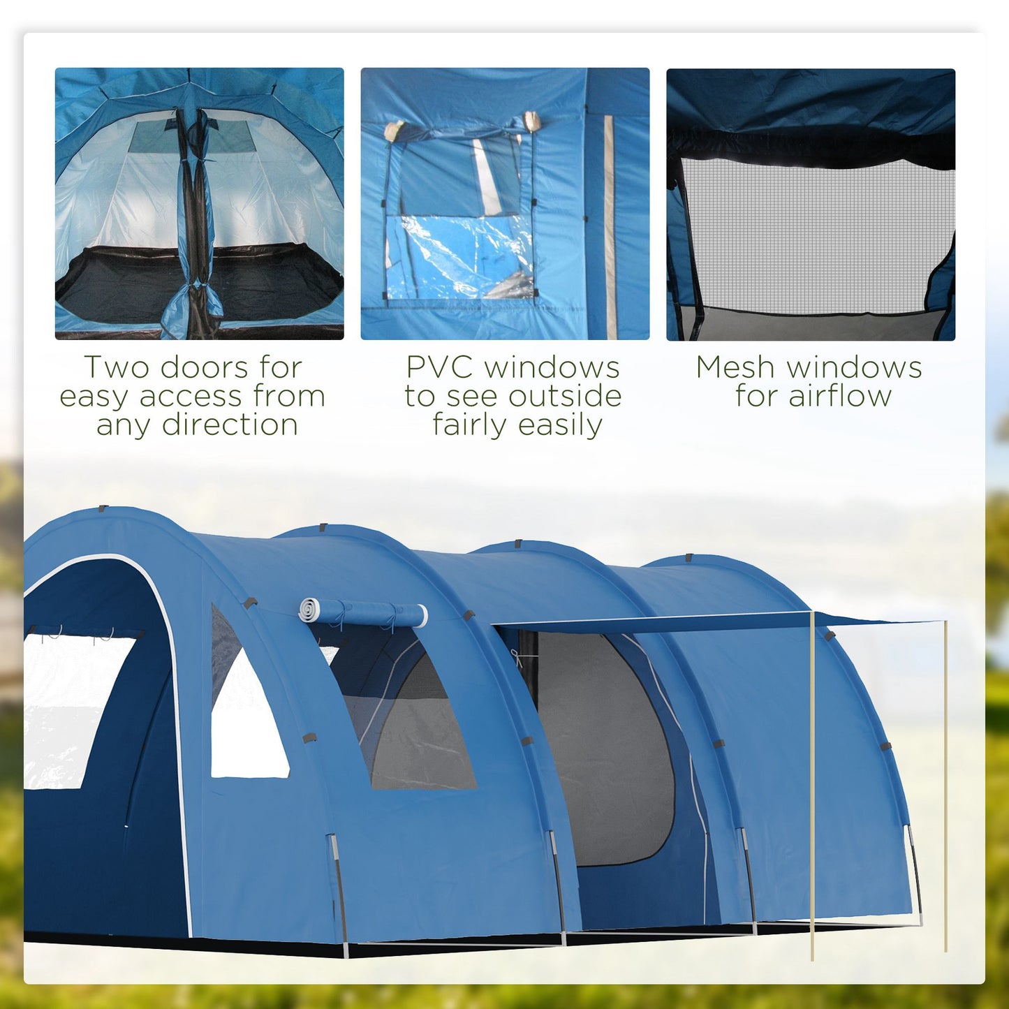 Outsunny 5-6 Man Camping Tent with 2 Room, Floor and Carry Bag - Blue