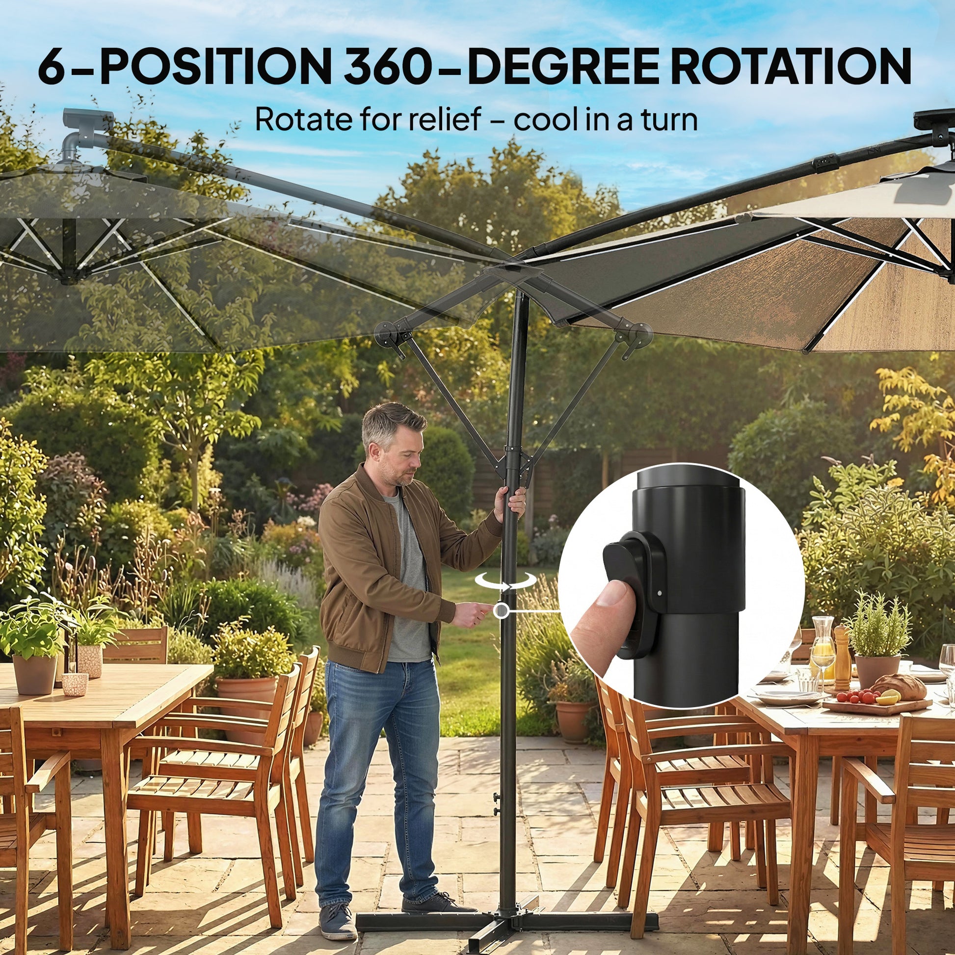 Outsunny 3 m Garden Cantilever Parasol with LED Solar Light, Round Overhanging Umbrella with 360Â° Rotation, Cover, Grey