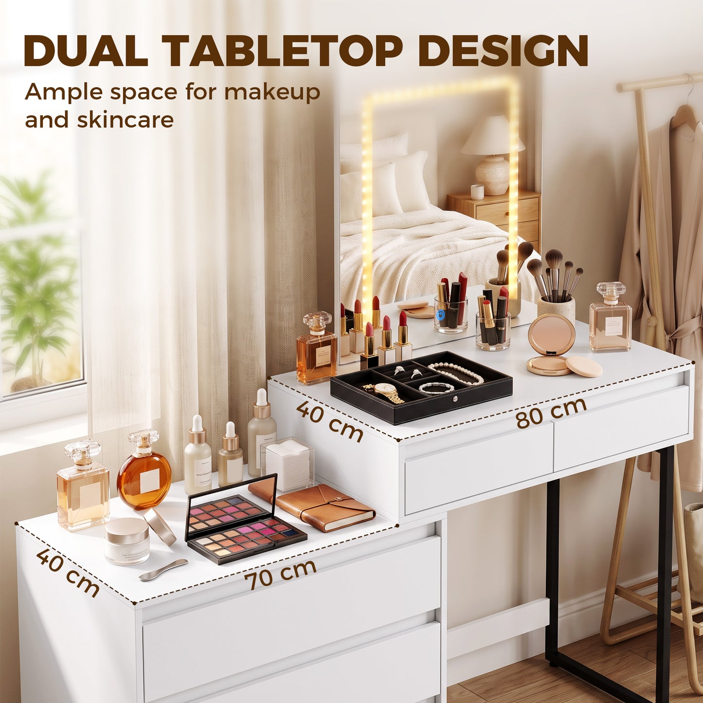HOMCOM Vanity Makeup Desk LED Mirror Dressing Table Large Storage 5 Drawers White