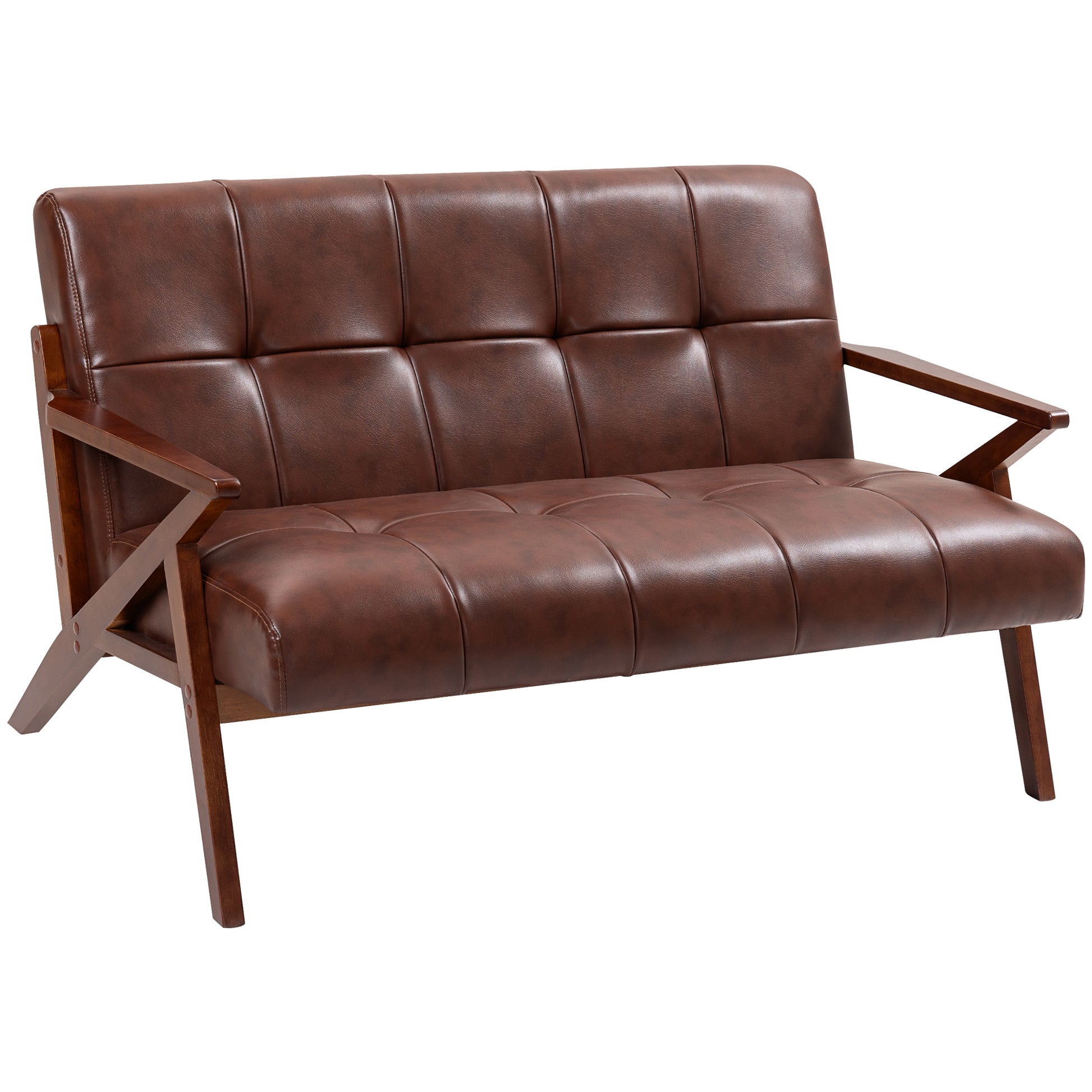 HOMCOM Compact 2 Seater Sofa, Vintage Tufted Loveseat Sofa with Solid Wood Legs, PU Leather Small Couch Settee for Living Room, Bedroom, Home Office, 133 x 81 x 78.5 cm, Brown Default Title