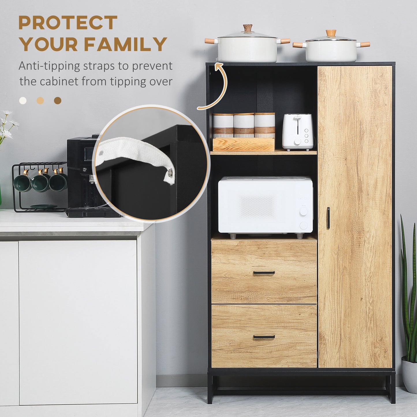 HOMCOM Kitchen Cupboard, Freestanding Microwave Stand with Adjustable Shelves, Drawers and Metal Base, 160cm