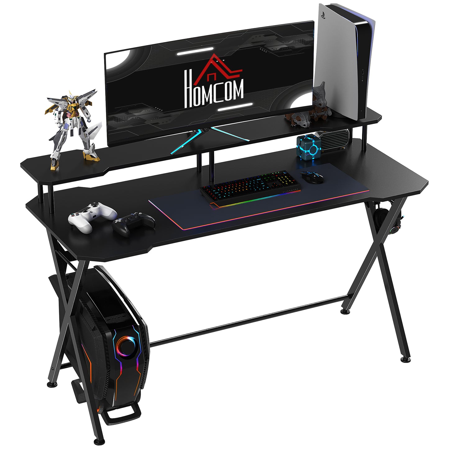 HOMCOM Gaming Desk Writing Racing Computer Table Workstation with Headphone Hook Curved Front Adjustable Feet for Home Office Use 140 x 60cm Default Title