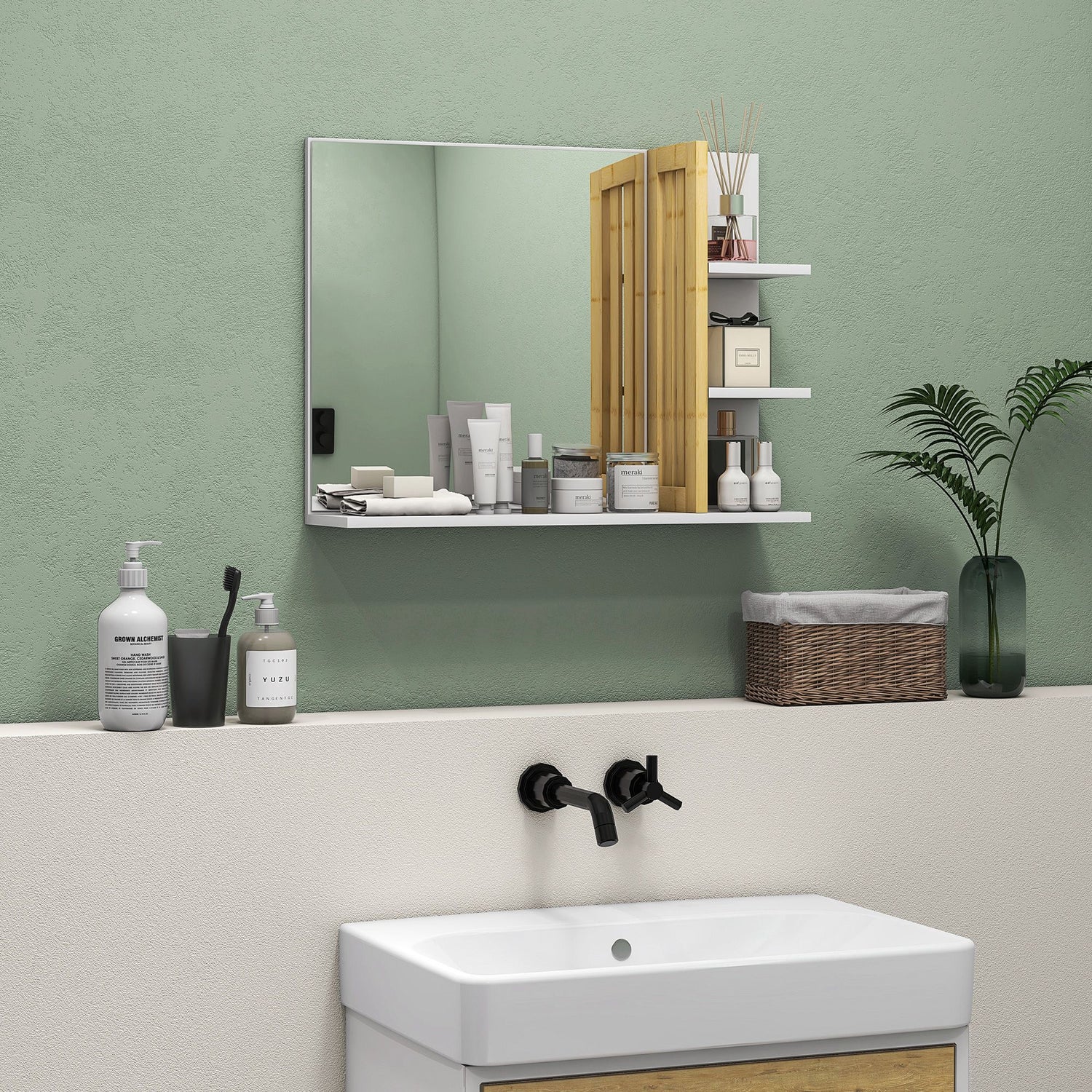 HOMCOM Bamboo Panel Bathroom Mirror, with Shelves - White - LiamsBargains.co.uk