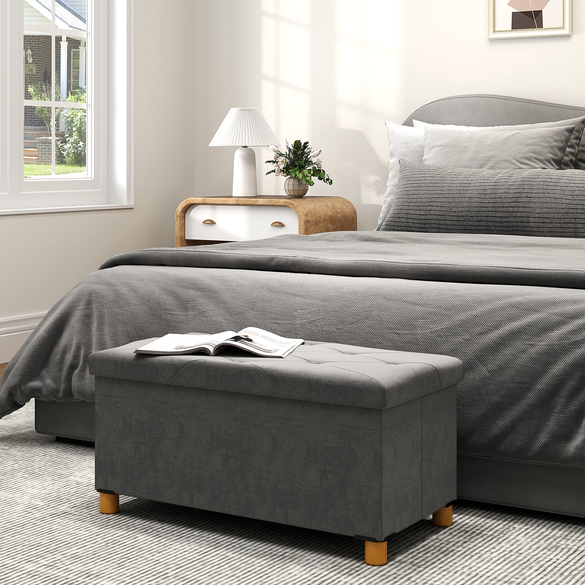 HOMCOM Velvet Upholstered Foldable Ottoman Footrest, Storage Ottoman Bench with Wood Legs for Living Room, Grey