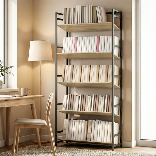 HOMCOM Bookshelf 5-Tier Metal Frame Bookcase Storage Shelves for Living Room Oak