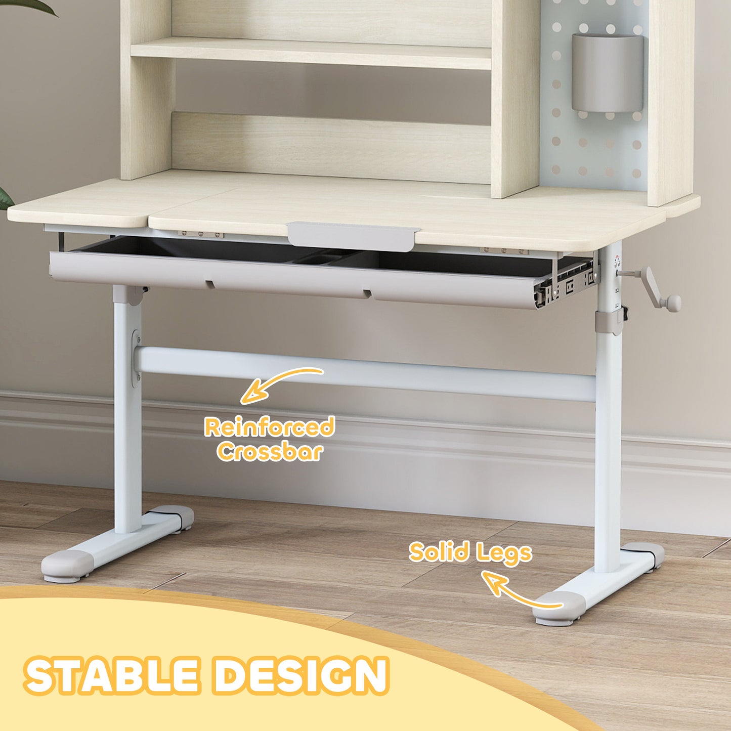 AIYAPLAY Kids Desk Height Adjustable with Tilt-Desktop, Hutch, Drawer, Storage Shelf, Pegboard, for 3-12 Years Old, Natural