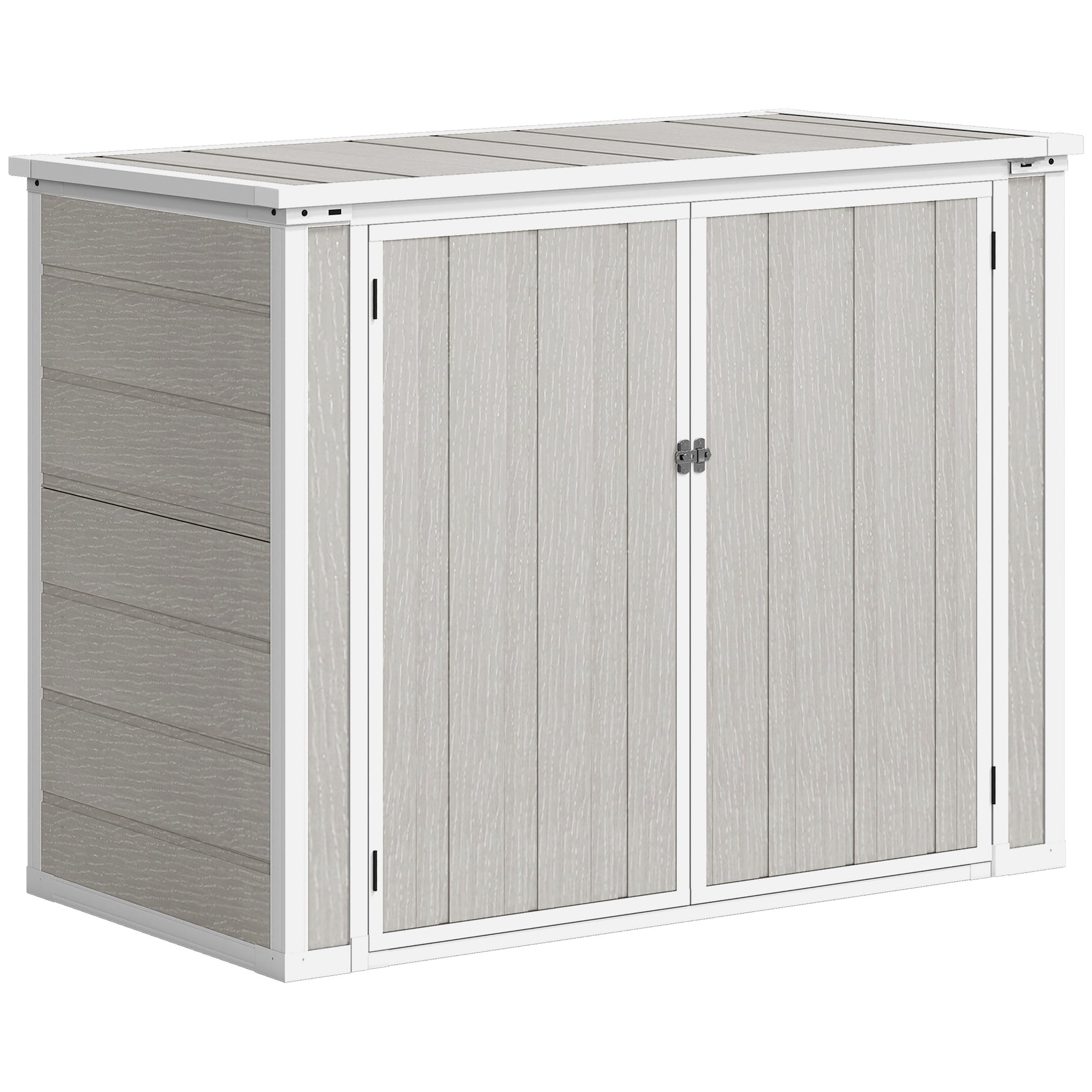 Outsunny 4.7 x 2.5FT Garden Shed, Double Bin Storage Shed with Lockable Doors, Outdoor Small Shed with Openable Lid for 2 Trash Cans, Garden Tools, Light Grey