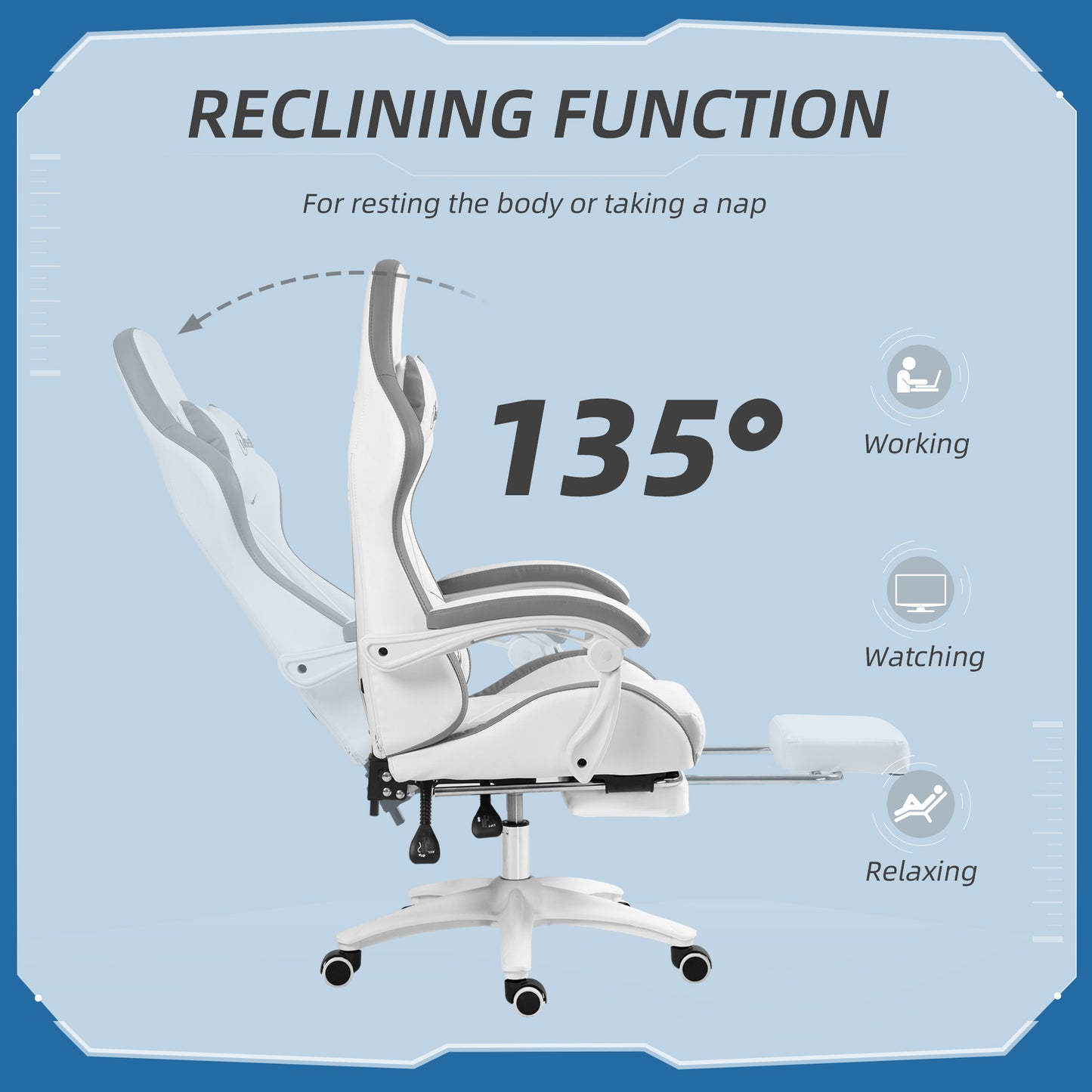 Vinsetto Computer Gaming Chair, PU Leather Desk Chair with Footrest, Swivel Task Chair with 135Â° Reclining Back and Lumbar Support, PC Chair for Adults, White and Grey