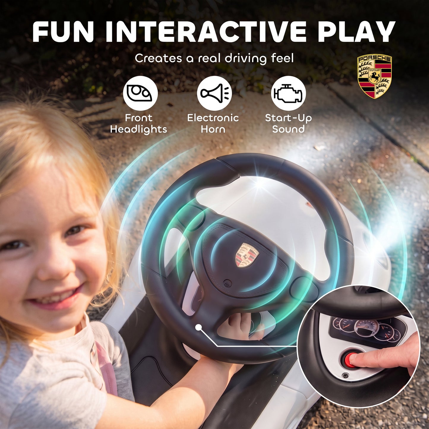 AIYAPLAY Ride on Car, Porsche Licensed Toddler Push Car with Horn, Headlights, Sound and Steering Wheel for 18-36 Months, White