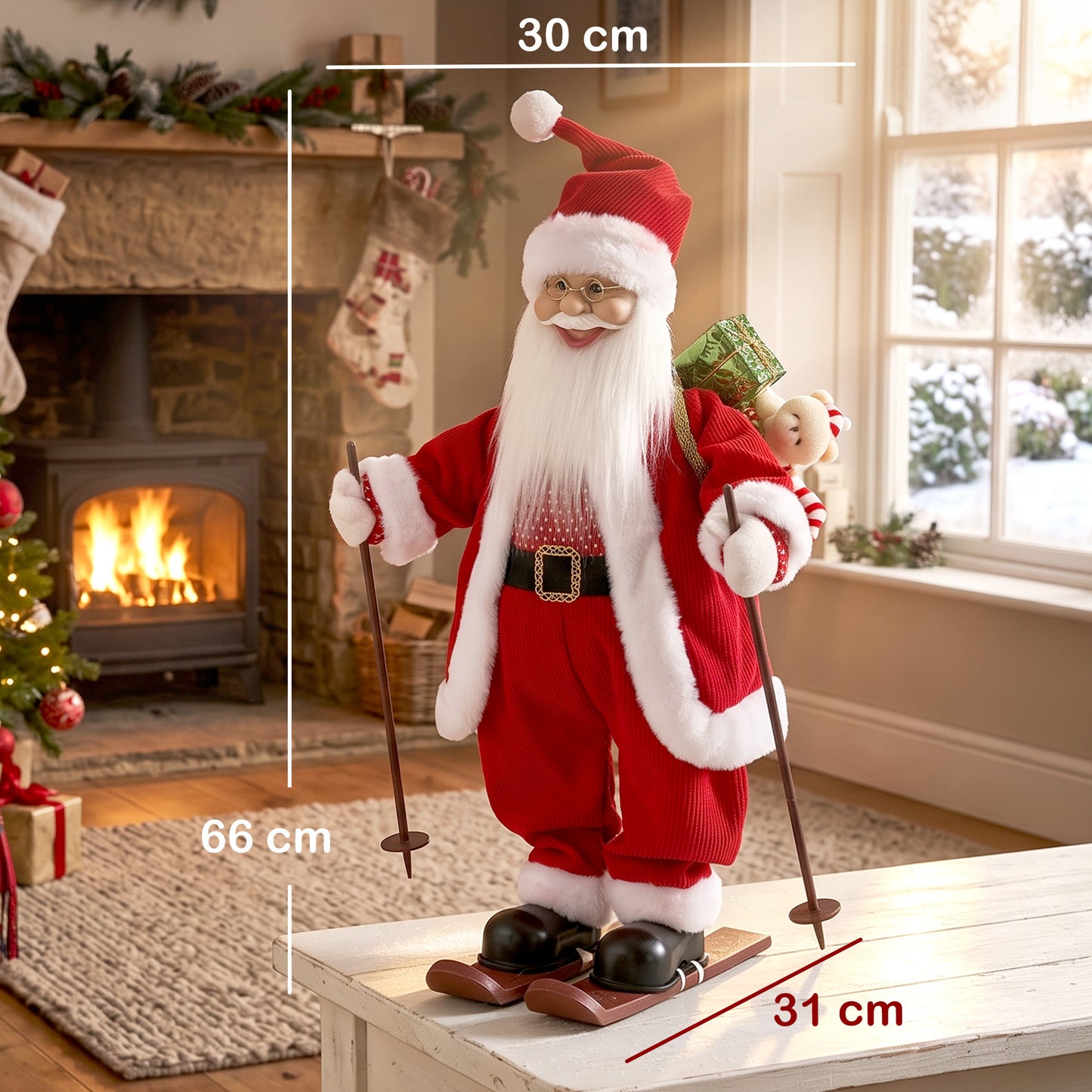 HOMCOM 2ft Singing Skiing Santa Claus, Standing Christmas Animated Santa Figure with Ski Board, Sack, Sound/Touch Activated