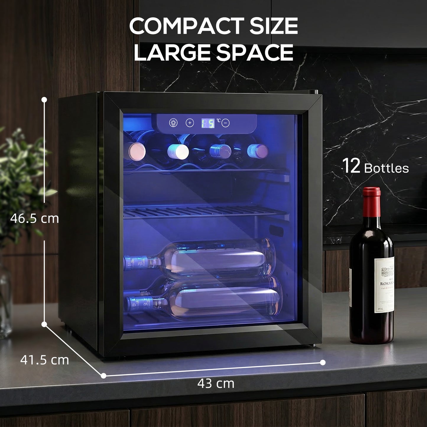 HOMCOM 12 Bottle Wine Cooler, 36 Litre Capacity, 4-16Â°C Under Counter Drinks Beer Wine Fridge with Glass Door, LED Light, Black