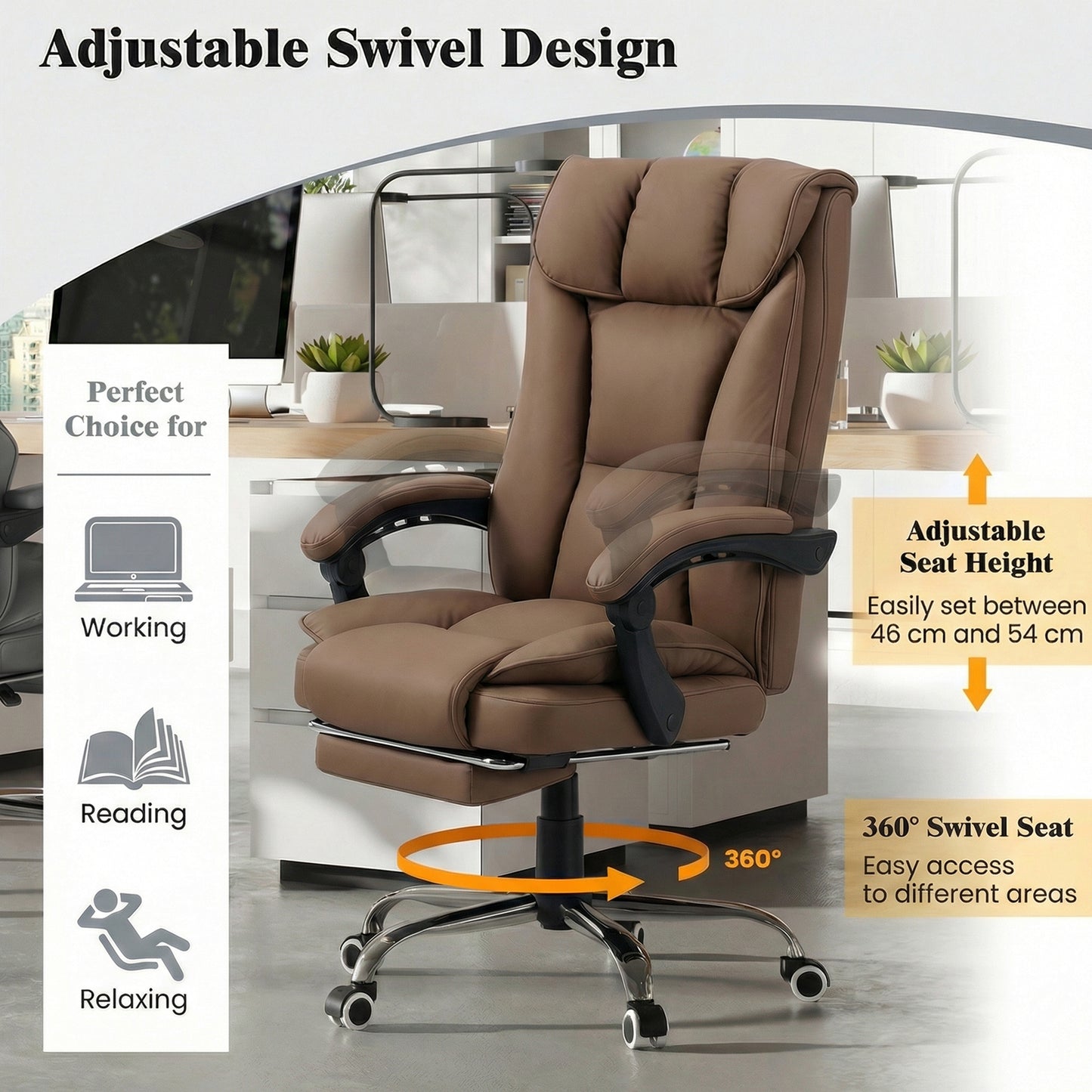 HOMCOM 155Â° Reclining Faux Leather Swivel Office Chair - Brown