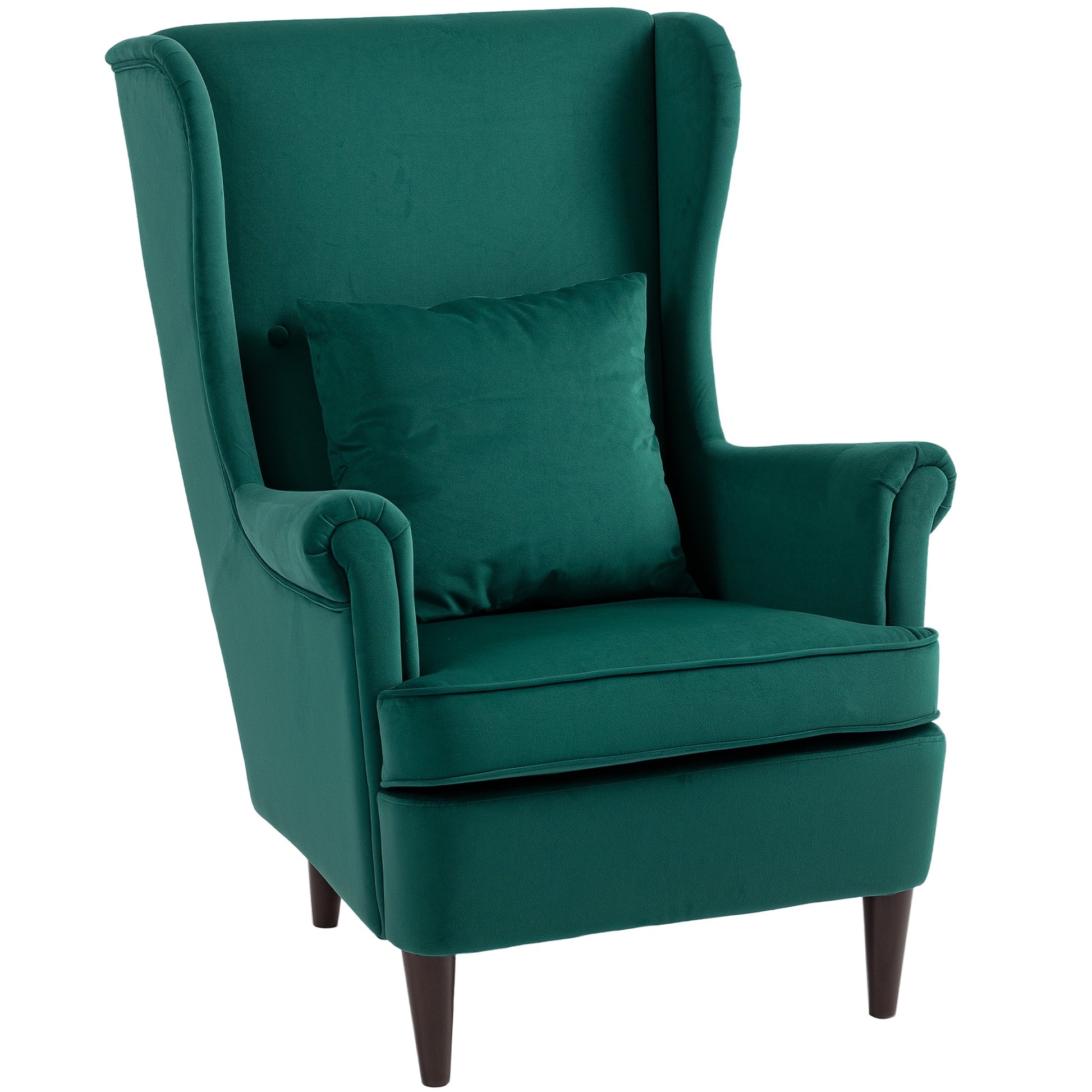 HOMCOM Modern Accent Chair, Upholstered Wingback Armchair with High Backrest and Pillow, Velvet-Feel Fabric Reading Chair with Solid Wood Legs for Living Room, Bedroom, Home Office, Dark Green Default Title