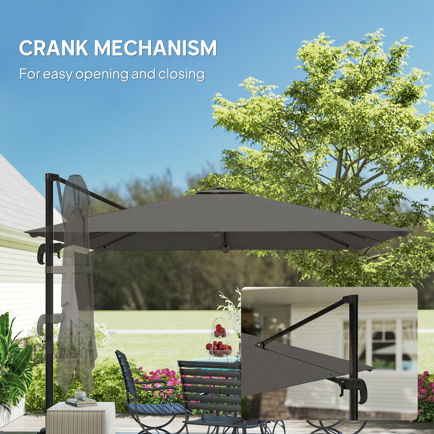 Outsunny 3 x 3 m Cantilever Parasol, Square Patio Umbrella with Crank Handle, Cross Base, Tilt, 360Â° Rotation, Dark Grey