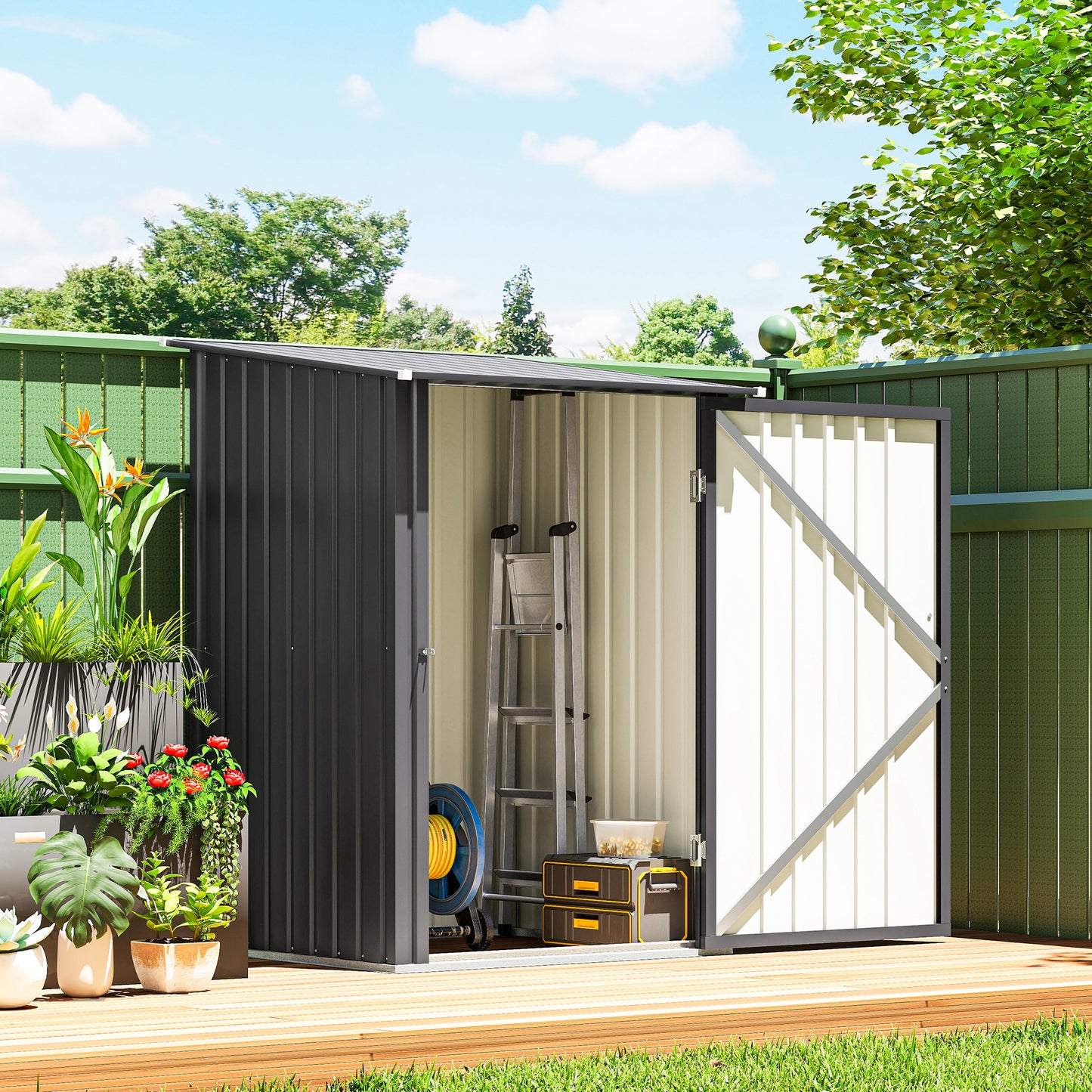 Outsunny 3.3 x 3.4ft Lean To Steel Garden Shed, with Locking Door - Dark Grey