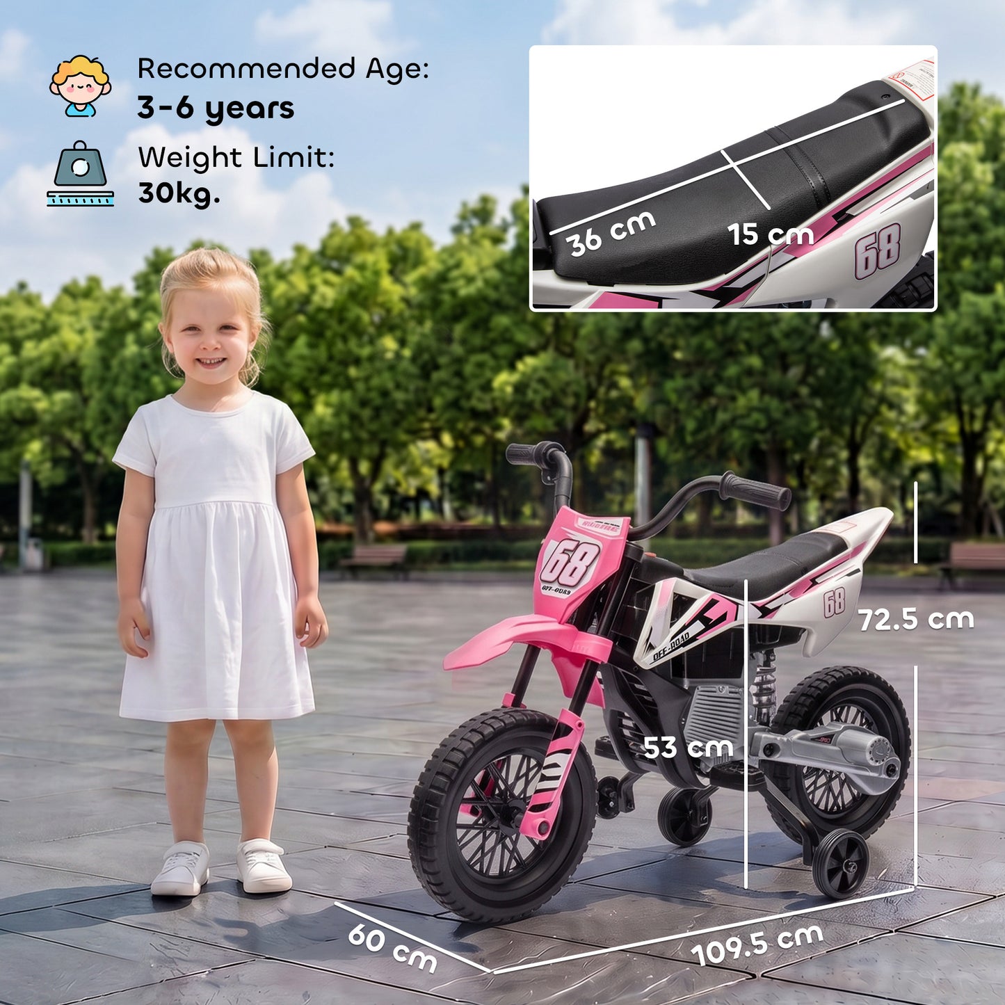 AIYAPLAY Kids Electric Motorcycle, 12V Ride On Motorbike with Training Wheels, Soft Start, Suspension, Music for 3â€“6 Years, Pink