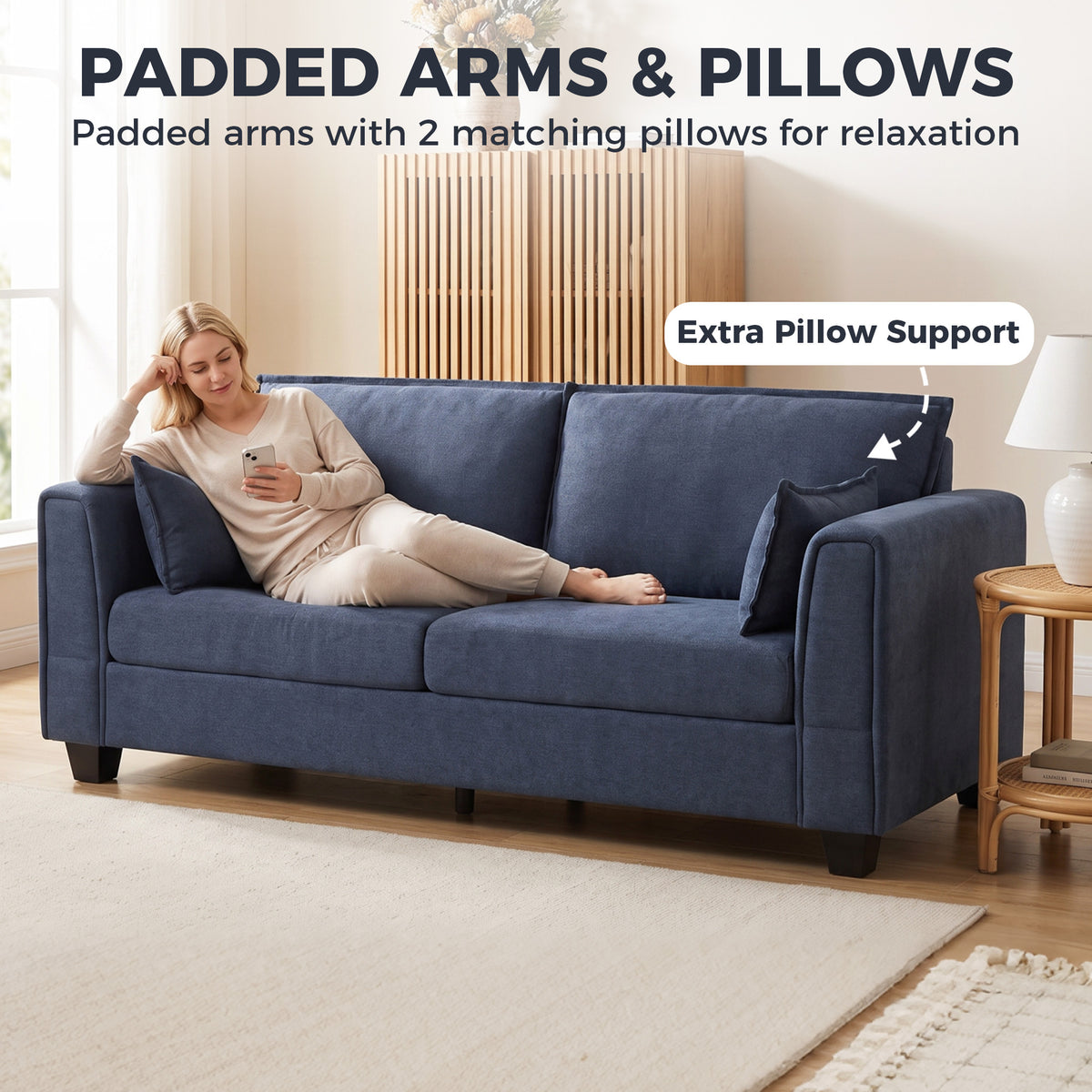 HOMCOM 3 Seater Sofa, Linen Upholstered Sofa Couch with Spring Cushions, Thick Padding, Wide Padded Armrests, Dark Blue