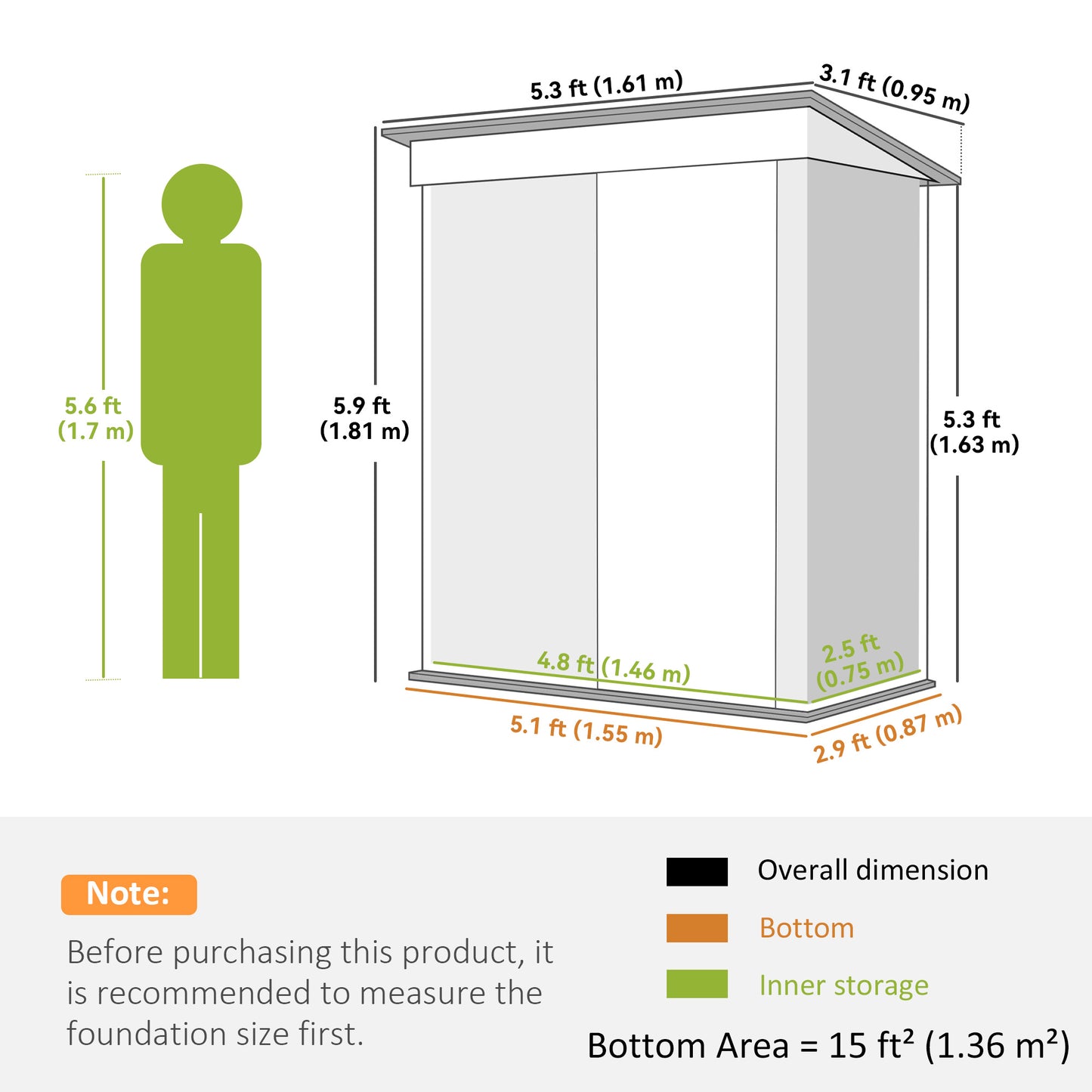 Outsunny Metal Garden Shed, Outdoor Lean-to Shed for Tool Motor Bike, with Adjustable Shelf, Lock, Gloves, 5'x3'x6', Green