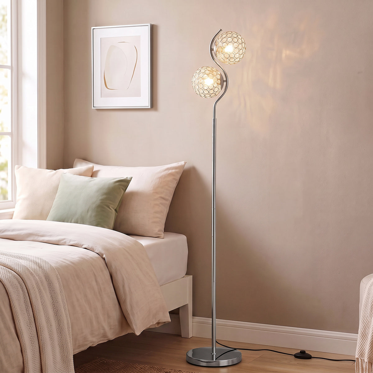 HOMCOM Floor Lamp with Crystal Globe Shades, Modern Dual Head Standing Lamp with Foot Switch and Weighted Base, Silver