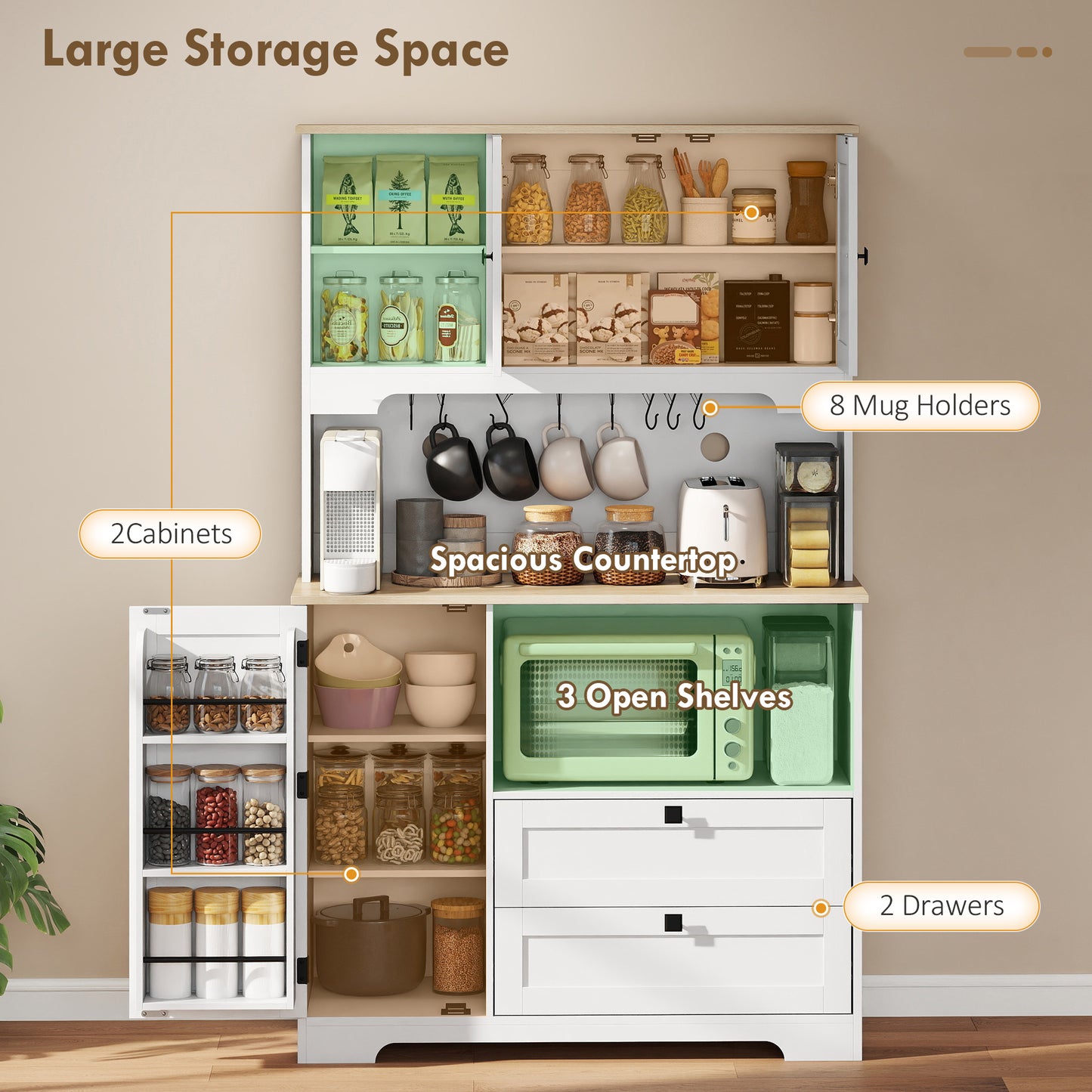 HOMCOM Kitchen Cupboard, Freestanding Kitchen Cabinet with 2 Cabinets, 2 Drawers, Open and Adjustable Shelves, White