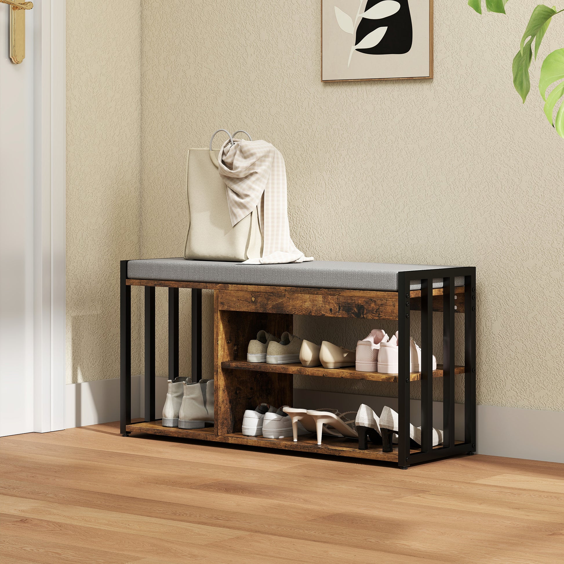 HOMCOM Shoe Storage with Seat, Upholstered Entryway Bench, Shoe Bench with 3 Open Shelves for Hallway, Rustic Brown