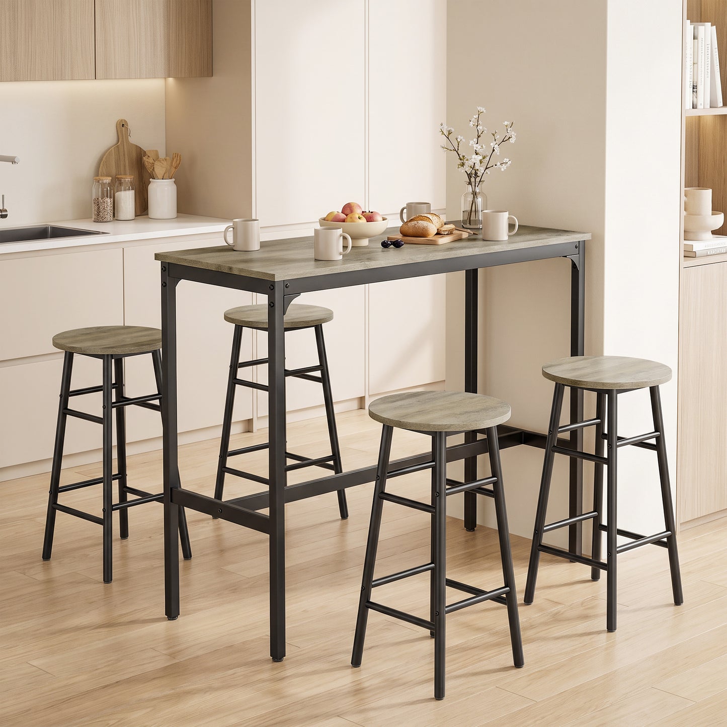 HOMCOM 5 Piece Bar Table Set with 4 Stools, Industrial Bar Table and Stool Set, Dining Table and Chair Set, Grey