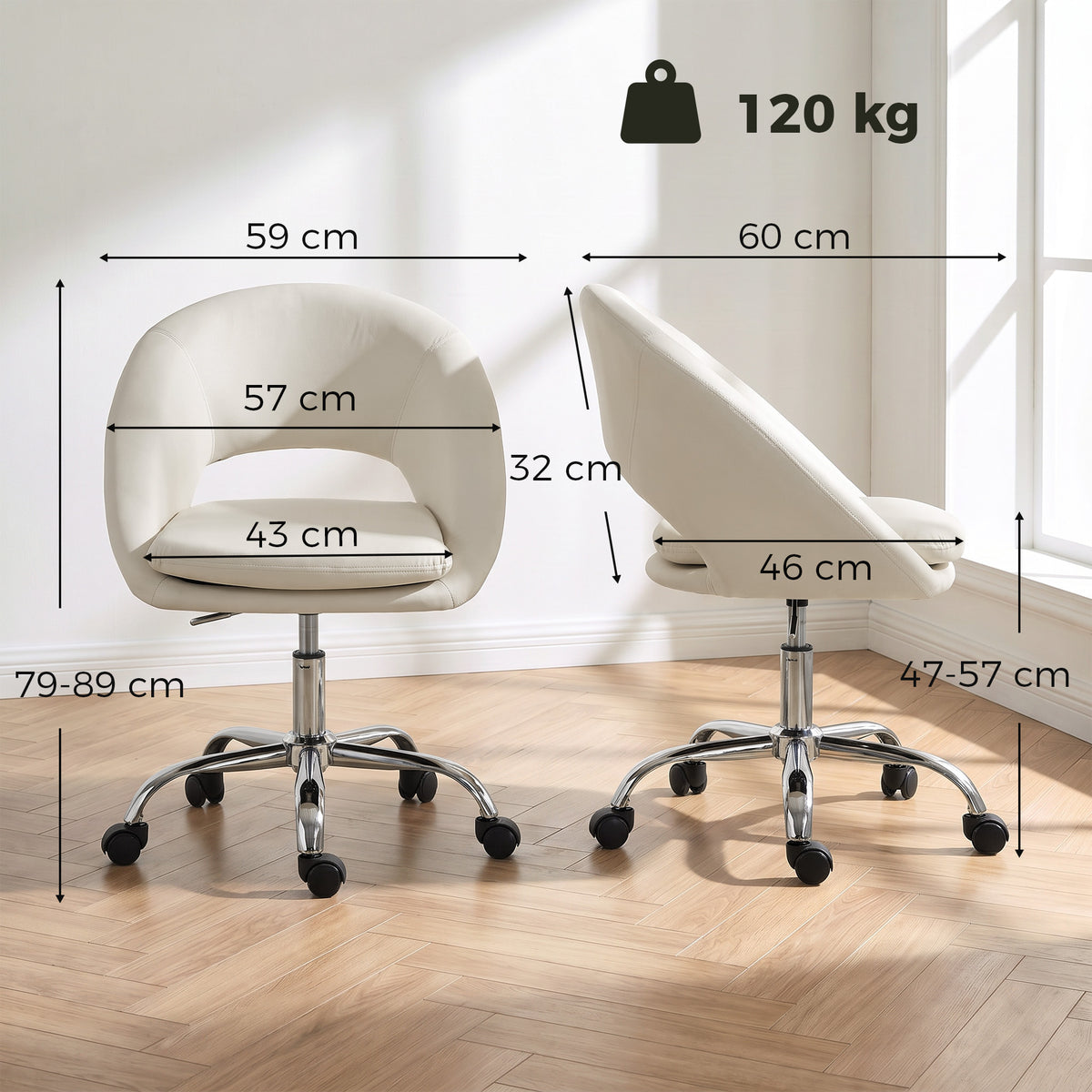HOMCOM Velvet Desk Chair, Modern Office Chair with Height-Adjustable, Wheels, for Home Study Bedroom, Cream