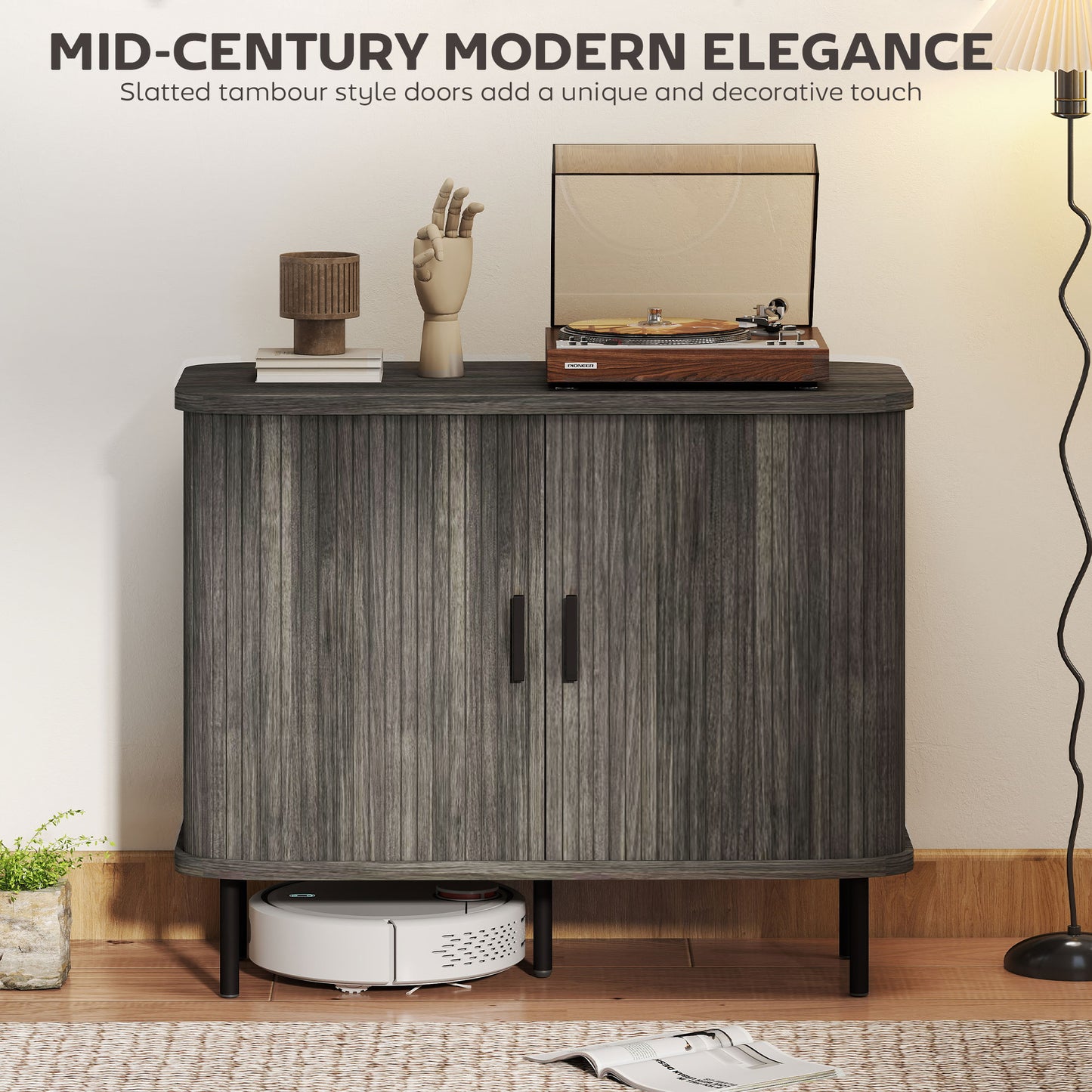 HOMCOM Mid-Century Modern Sideboard Storage Cabinet with Slatted Tambour Sliding Doors, Kitchen Cabinet with Steel Legs, Grey