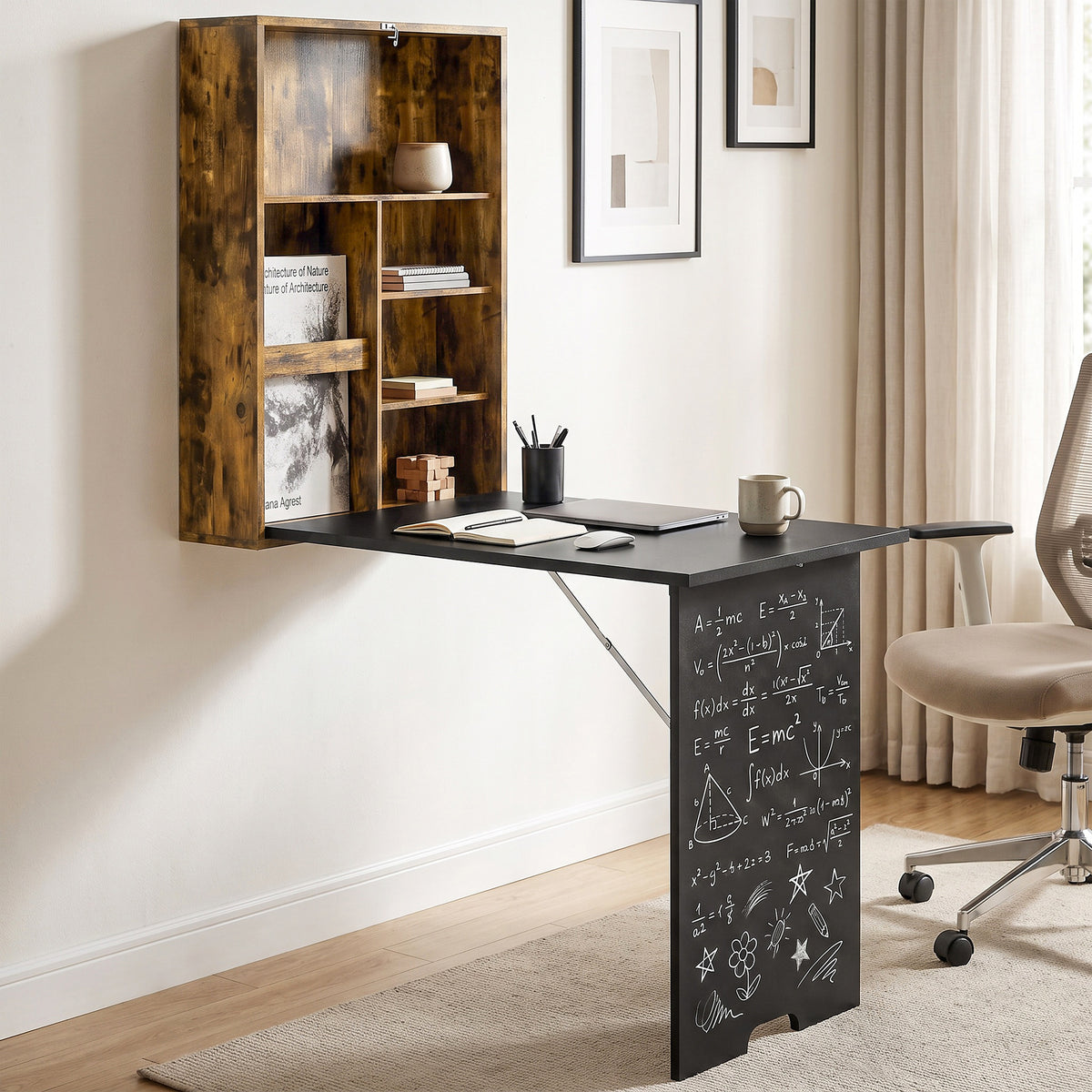 HOMCOM Folding Wall-Mounted Drop-Leaf Table, Convertible Wall Table With Chalkboard and Storage Shelf, Rustic Brown