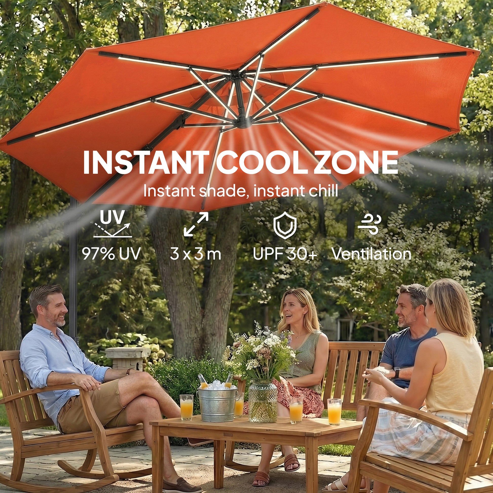 Outsunny 3 m Garden Cantilever Parasol with LED Solar Light, Round Overhanging Umbrella with 360Â° Rotation, Cover, Orange