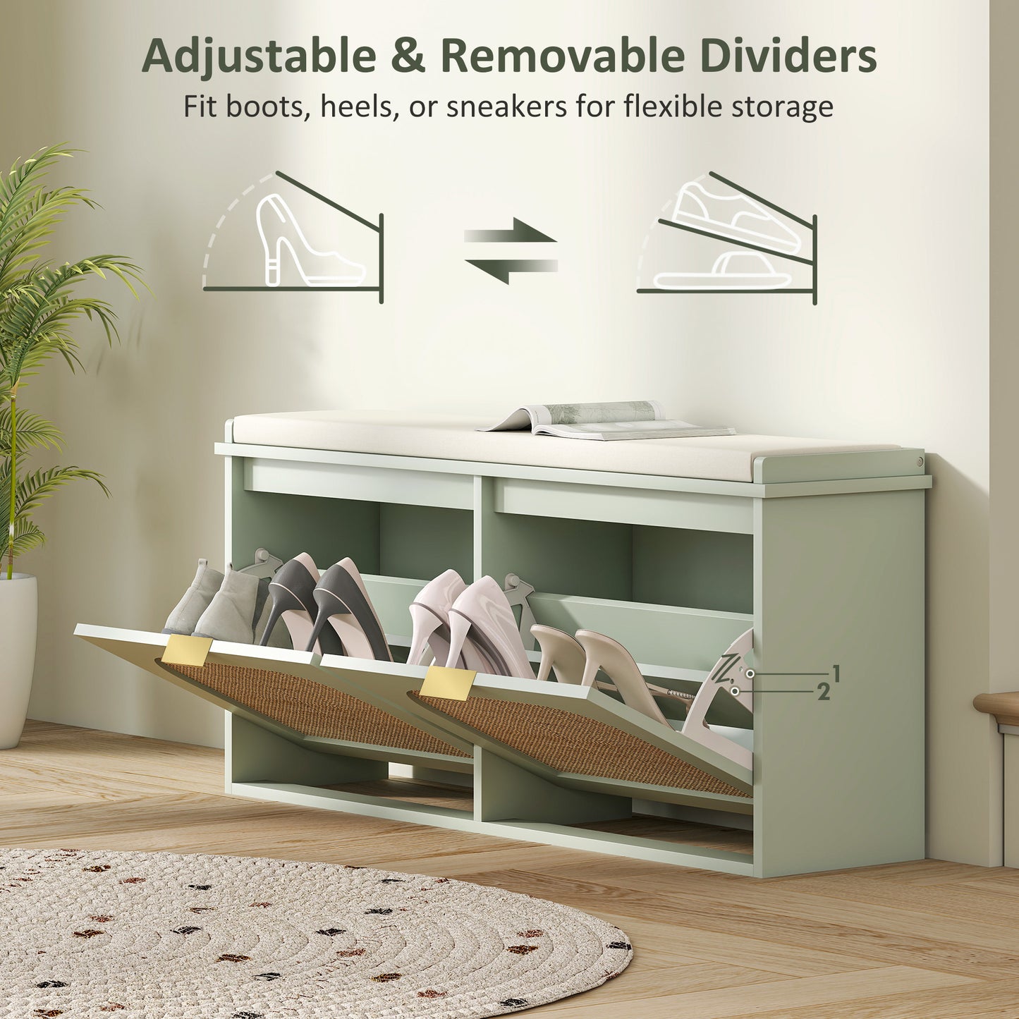 HOMCOM Boho Shoe Bench with Padded Seat and 2 Flip-Drawers - Light Green