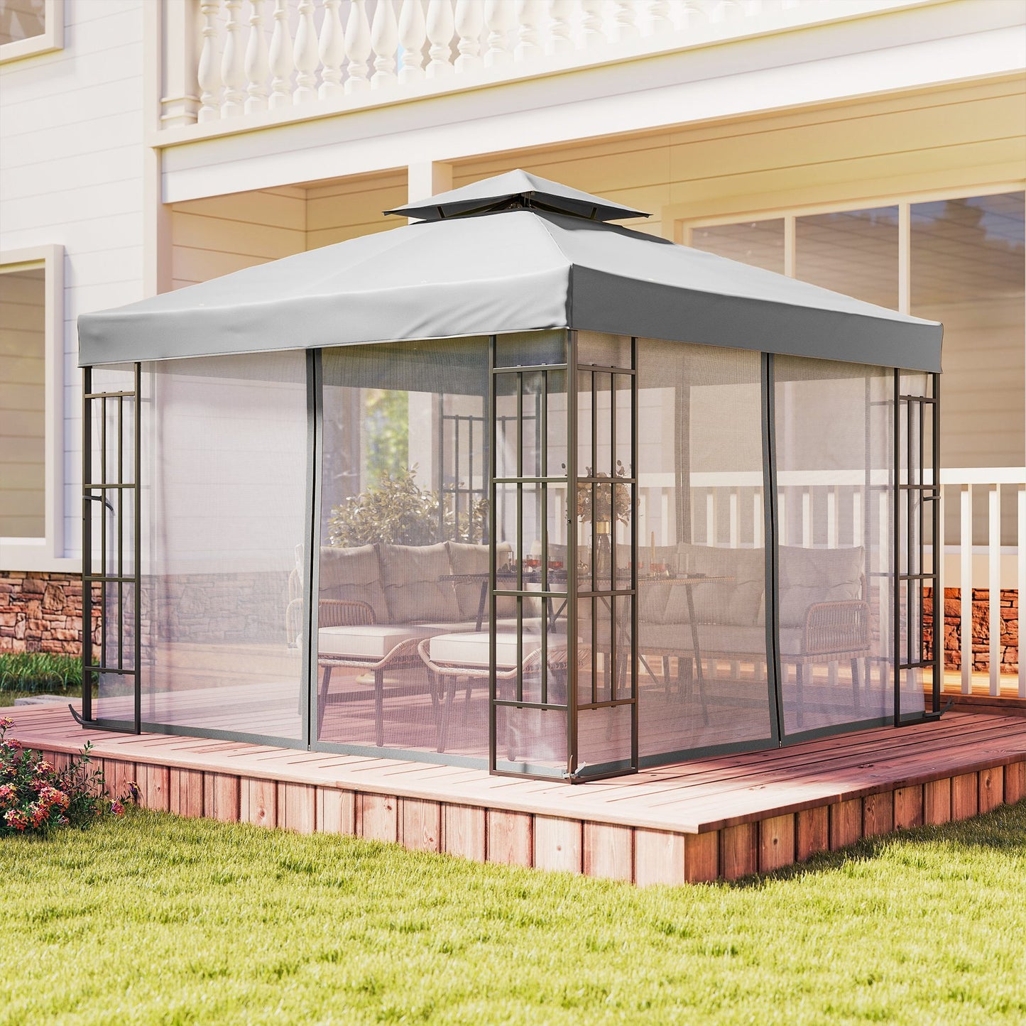 Outsunny 3 x 3(m) Patio Gazebo Canopy Garden Pavilion Tent Shelter with 2 Tier Roof and Mosquito Netting, Light Grey