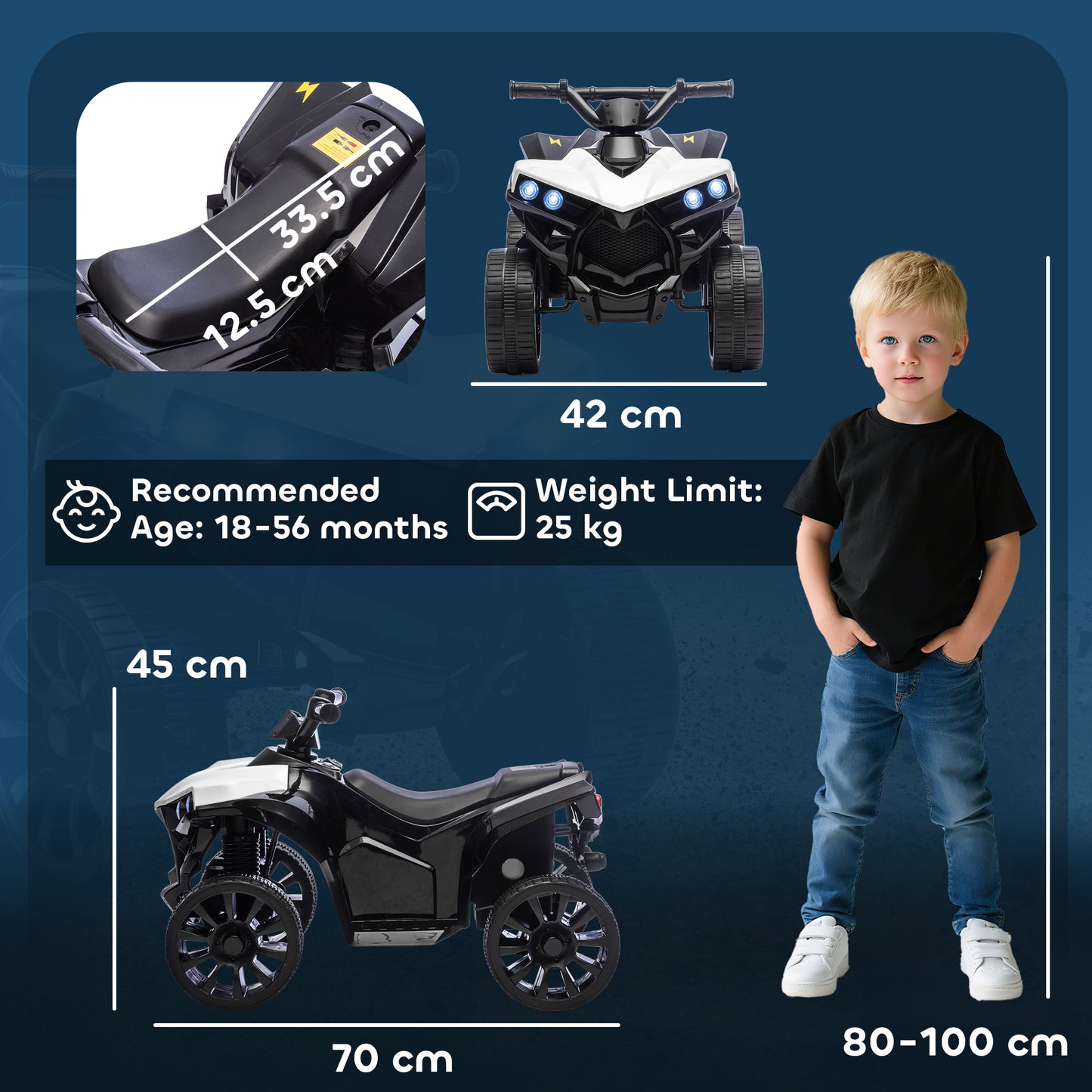 AIYAPLAY 6V Kids ATV, 4 Wheeler Electric Ride on Car with Music and LED Headlights, for Ages 18-56 Months Boys and Girls, White