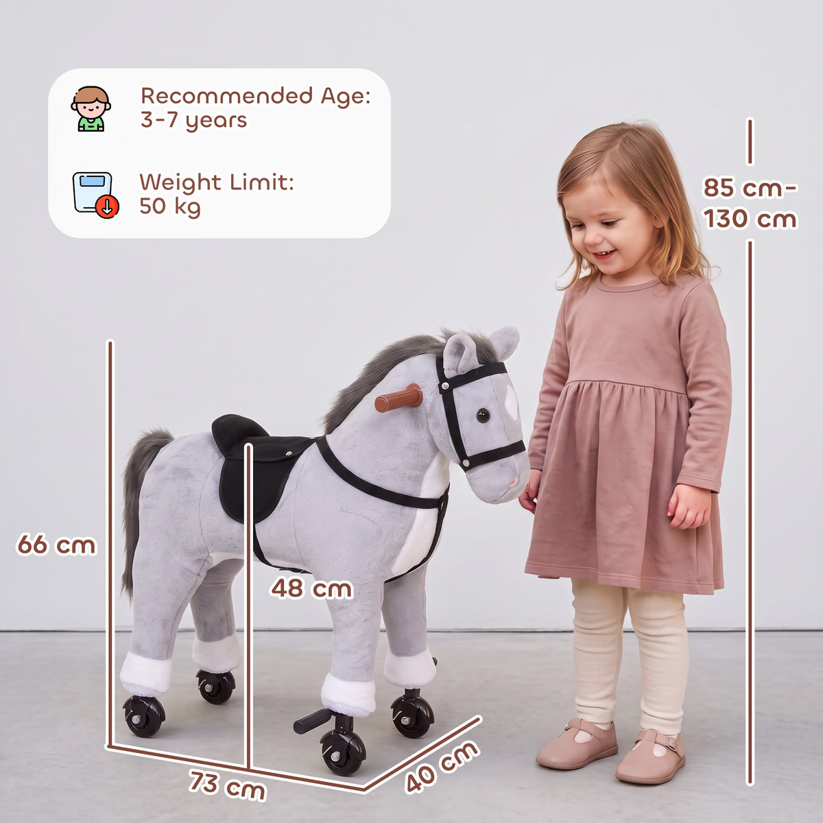AIYAPLAY Rocking Horse, Plush Ride On Horse with Hoof Sounds, Music, Rolling Wheels and Pedal for 3-7 Years, Up to 50kg, Grey