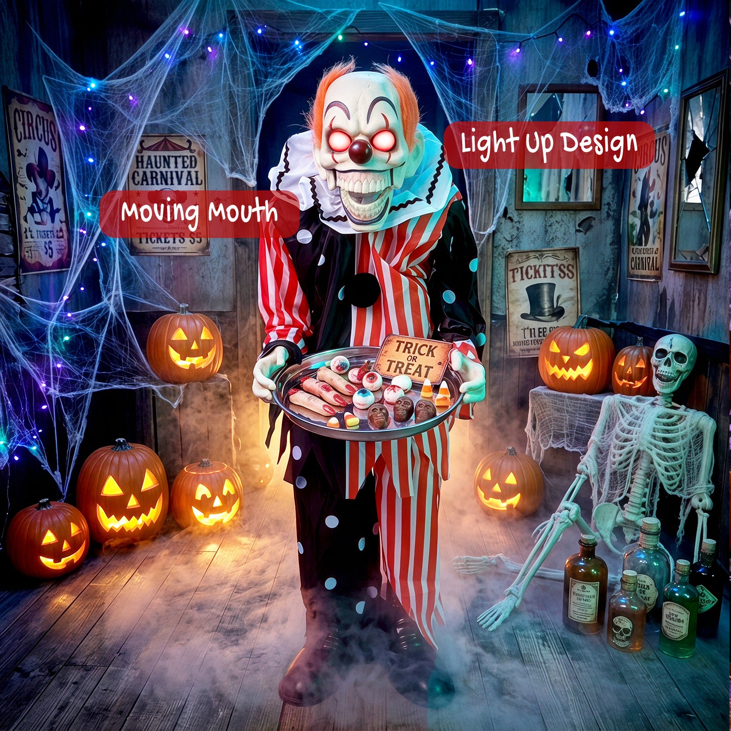 HOMCOM Animated Clown Halloween Decoration, Scary Halloween Animatronics Decor with Sound Touch Activated