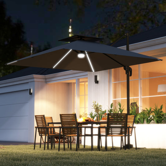 Outsunny 2.5m Cantilever Parasol with Solar Powered LED Lights, 360Â° Rotation, Tilt Adjustment, Crank Handle, Dark Grey