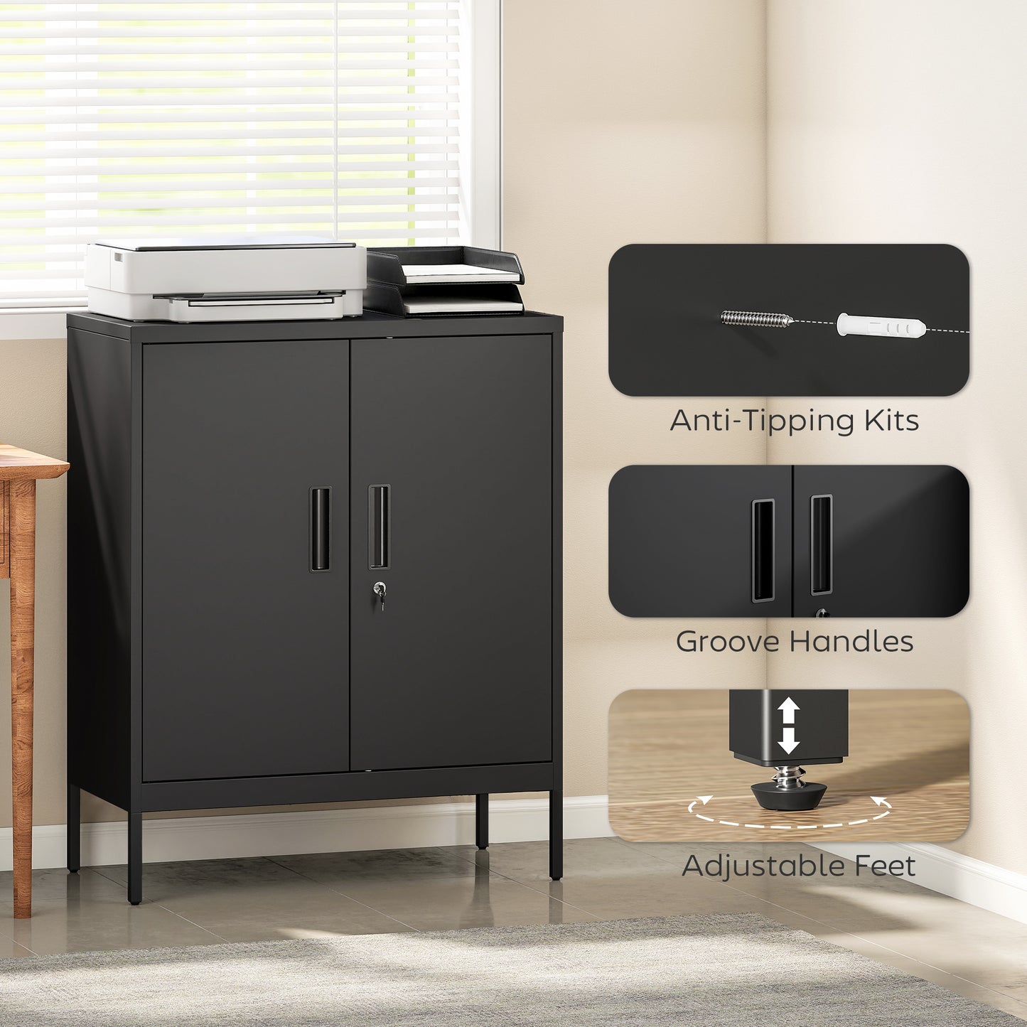 HOMCOM Metal Storage Cabinet with Lock and Adjustable Shelves - Black