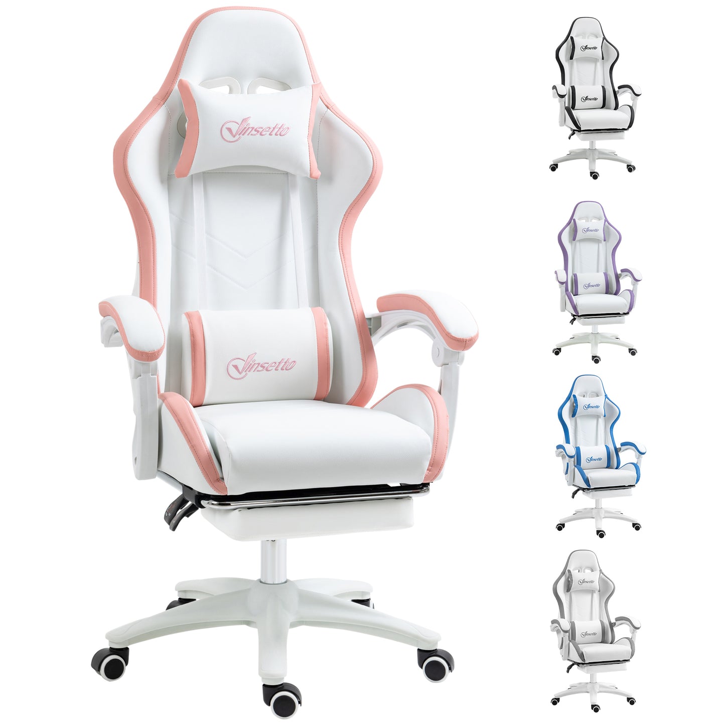 Vinsetto Computer Gaming Chair, PU Leather Office Desk Chair with Footrest, Swivel Wheels, 135Â° Reclining Back, Lumbar Support, Headrest for Home, White and Pink