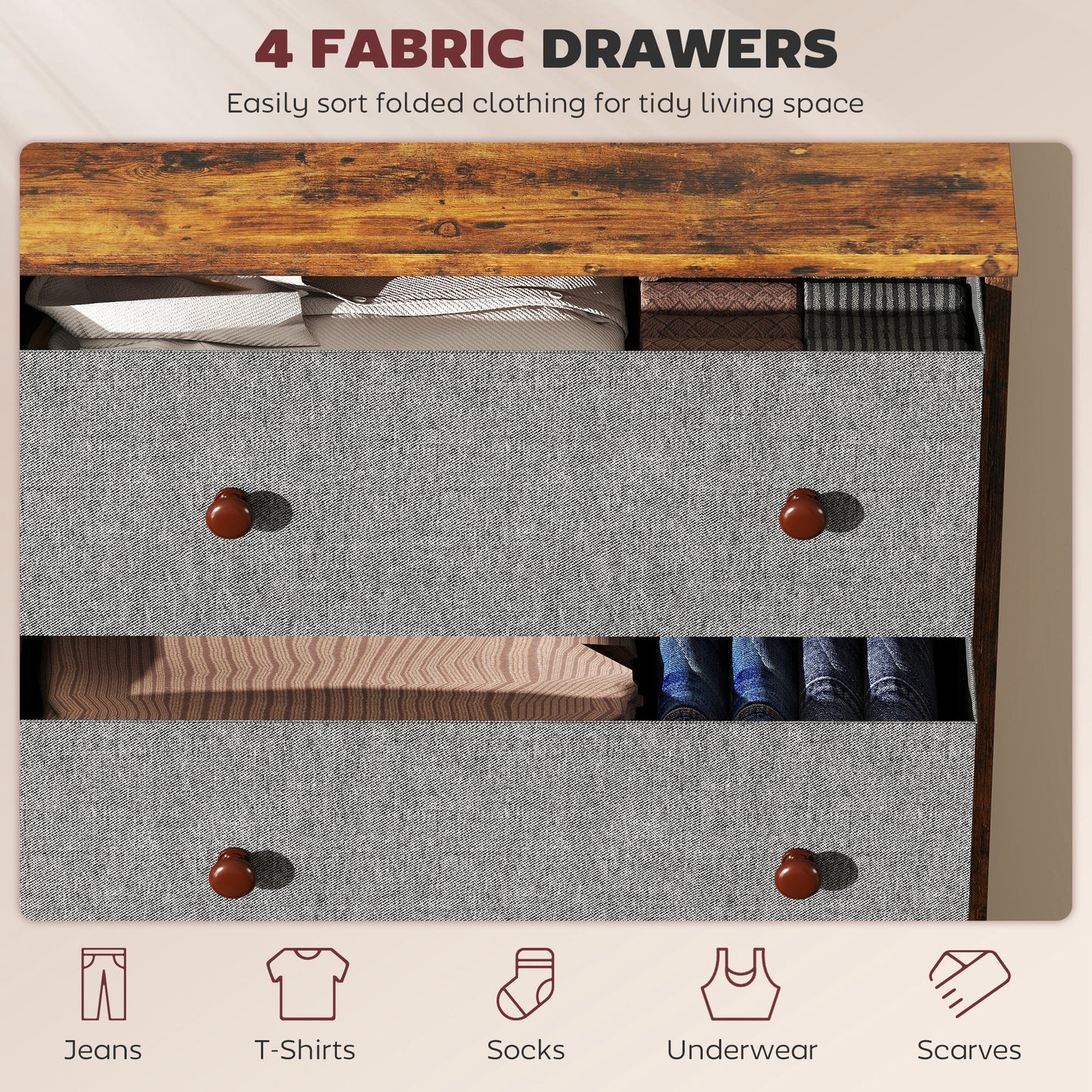 HOMCOM Chest of Drawers, Dresser with 4 Fabric Drawers - Grey and Rustic Brown