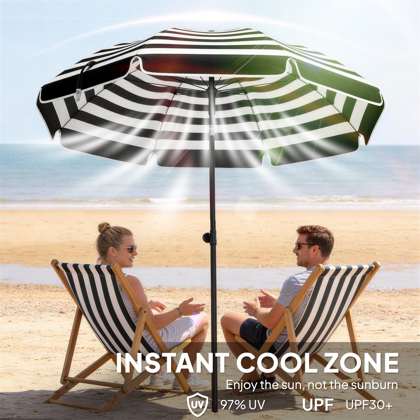 Outsunny 1.8 m Beach Umbrella Parasol with Sand Anchor, Portable 30Â° Tilting Patio Sun Shade with Adjustable Height, Grey/White