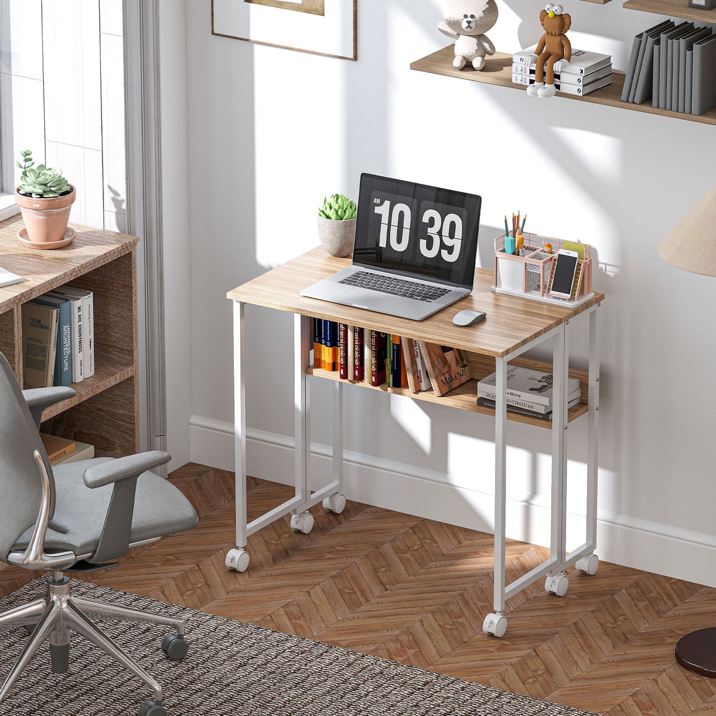 HOMCOM 80 cm Drop Leaf Writing Work Desk - Natural Wood Finish